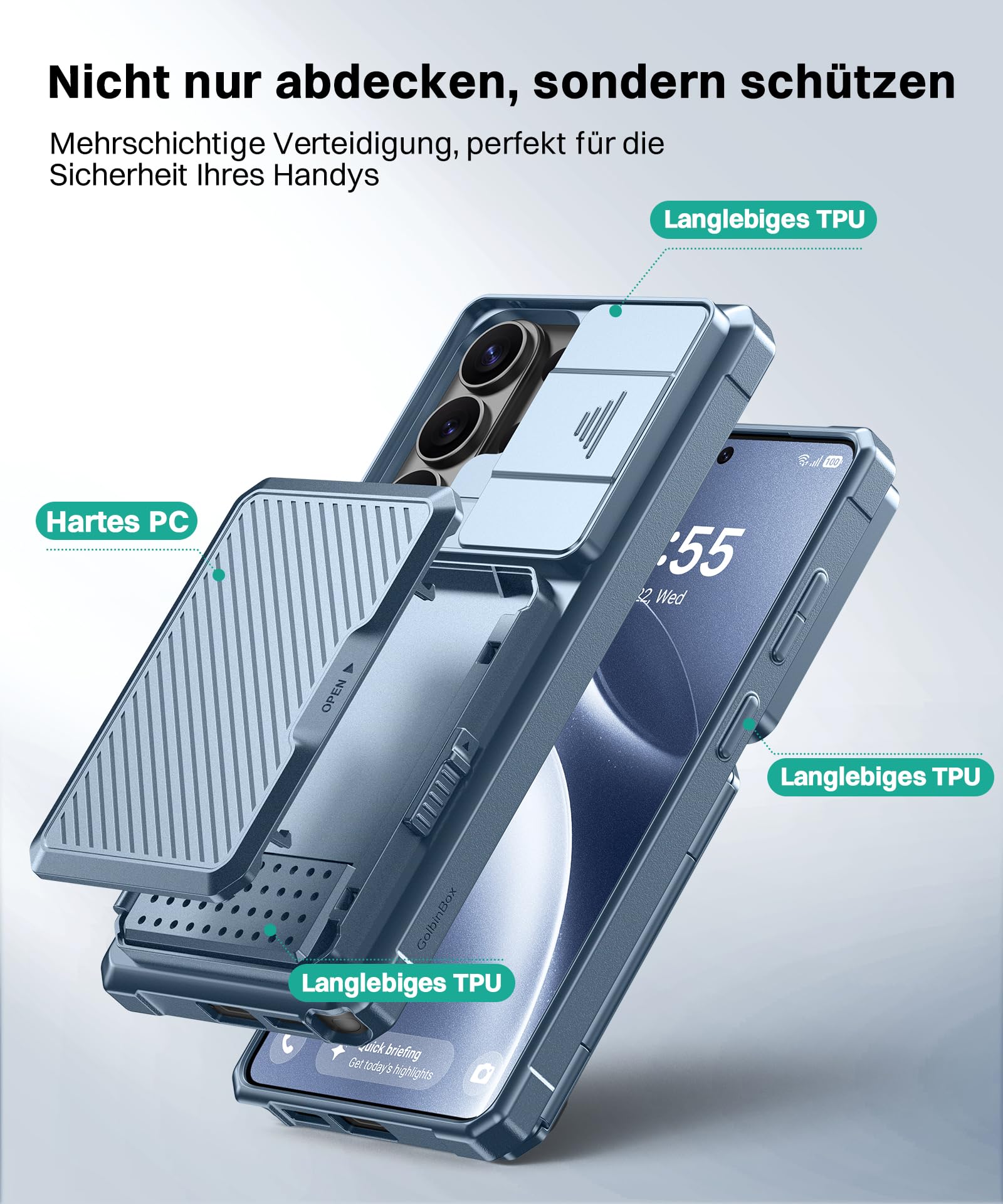 für Samsung Galaxy S26 Ultra Hülle mit Kartenhalter & Kameraabdeckung, integriertem Sicherheitsschloss und RFID-Schutz,[fasst 4–5 Karten oder Bargeld]Galaxy S26 Ultra Wallet-Hülle 6,9'', Libellen-Blau