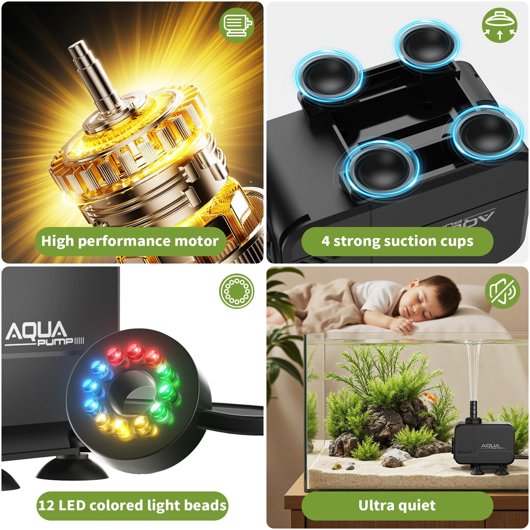 Forever Speed Pompa do akwarium Pompa do stawu regulowana Pompy do nurkowania 1500L/H do akwarium Teich Brunnen Ogród Akwarium z 12 kolorowymi lampkami LED, Max Förderhöhe 1.5M