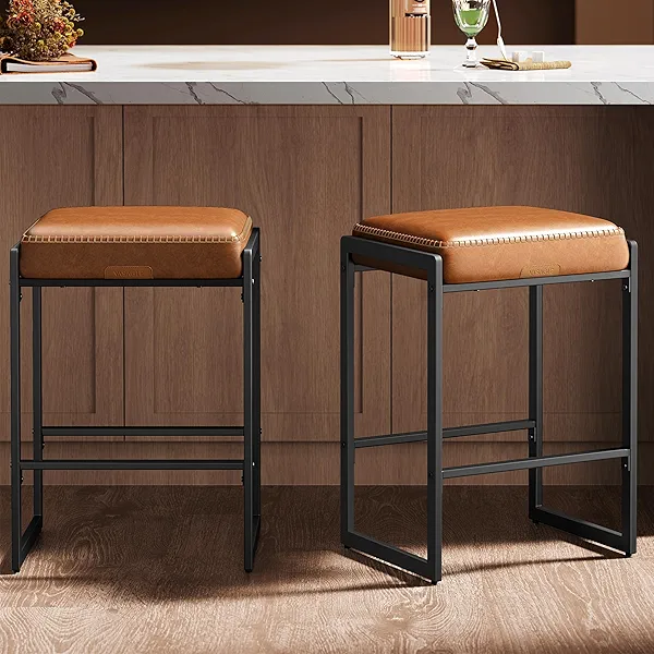 VASAGLE EKHO Collection - Bar Stools Set of 2, Counter Height Bar Stools, Synthetic Leather with Stitching, Mid-Century Modern Counter Stools, 26-Inch Tall, Kichen Home Bar Dining Room, Cara