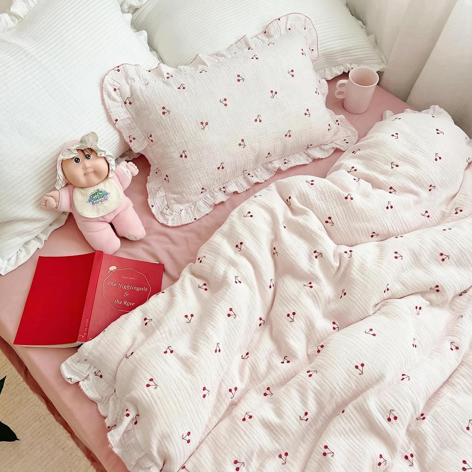 BuLuTu Crib Bedding Duvet Cover for Boys Girls Cotton Muslin Baby Crib Duvet Cover Nursery Bed Decoration Gift, 47"x59", Cherry Print (No Pillowcases)