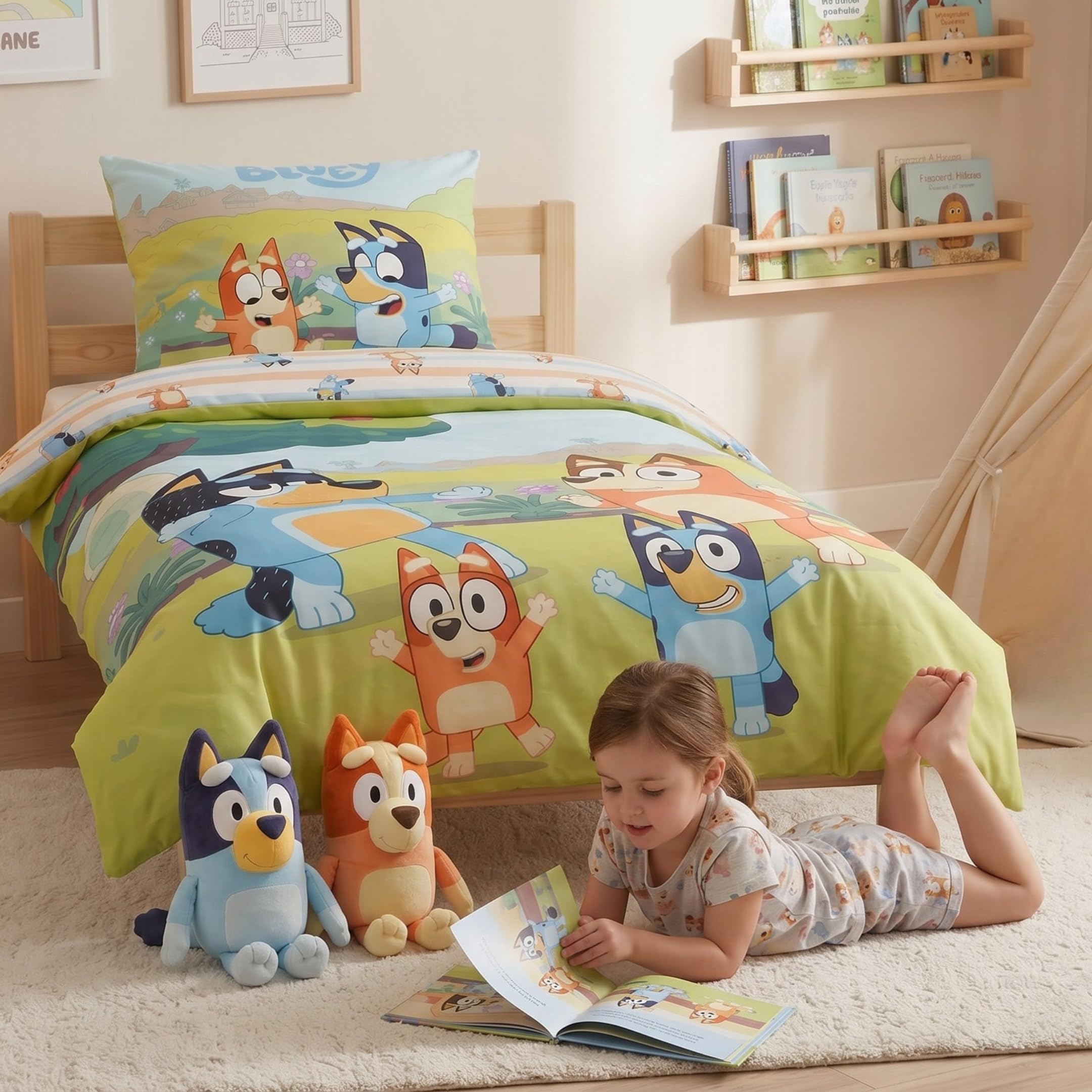 MTOnlinehandel Bluey Bettwäsche 135x200 Baumwolle für Mädchen und Jungen, Kinderbettwäsche, 1x Kissenbezug 80x80 + Bettbezug 135x200, Bingo & Bluey Geschenk