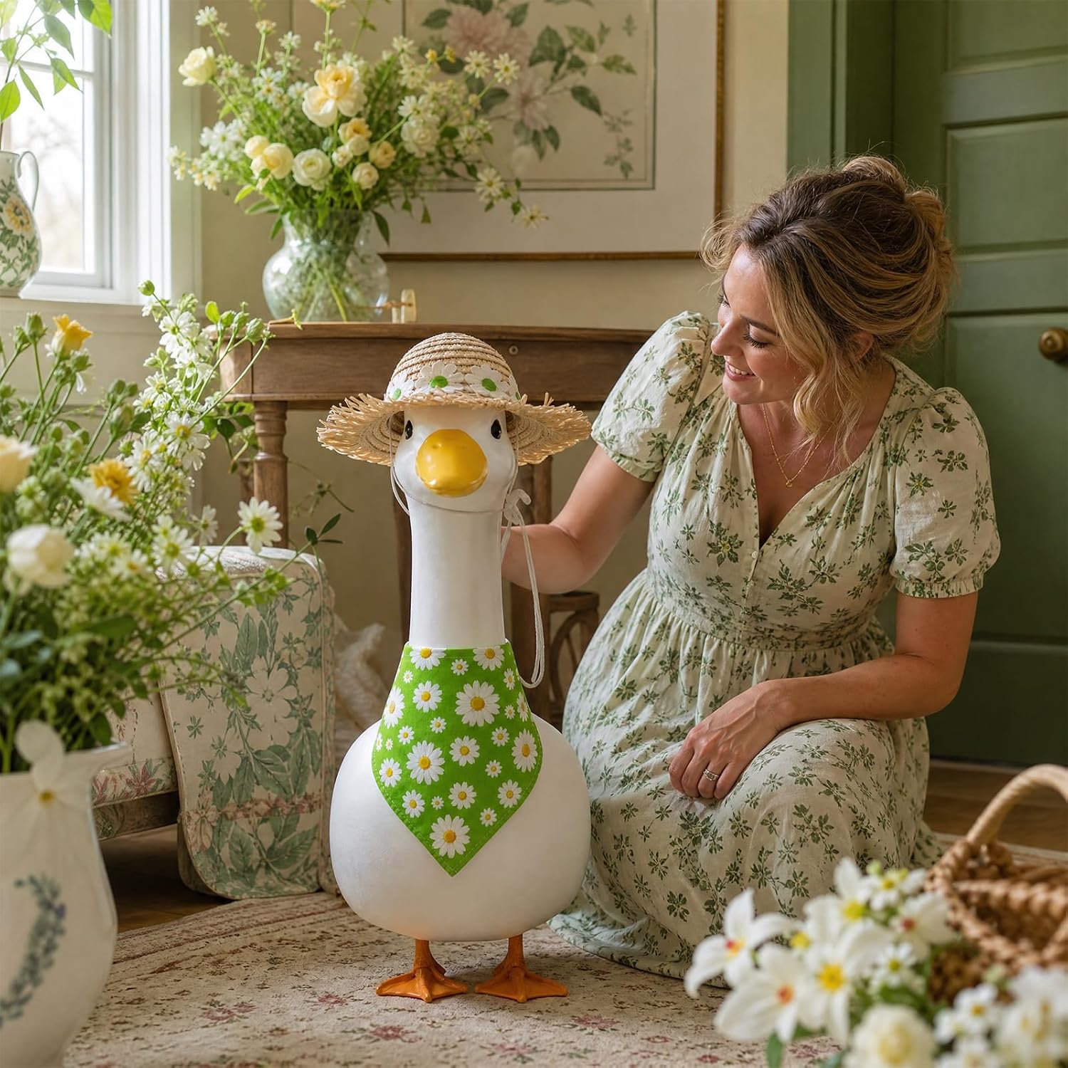 Green Daisy Flower Porch Goose Outfit for Garden Lawn Fall Outdoor Decor image 2