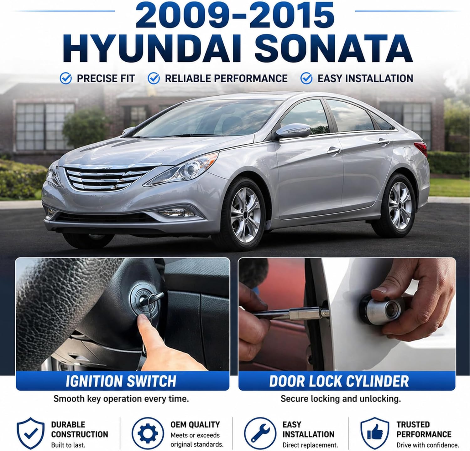 Ignition Switch Cylinder with Left Driver Side Door Lock, Trunk Lock & 2 Keys Compatible with 2009-2014 Hyundai Sonata, 2011-2015 Hyundai Sonata Hybrid Replace# 81970-3SA00 81250-3SA00