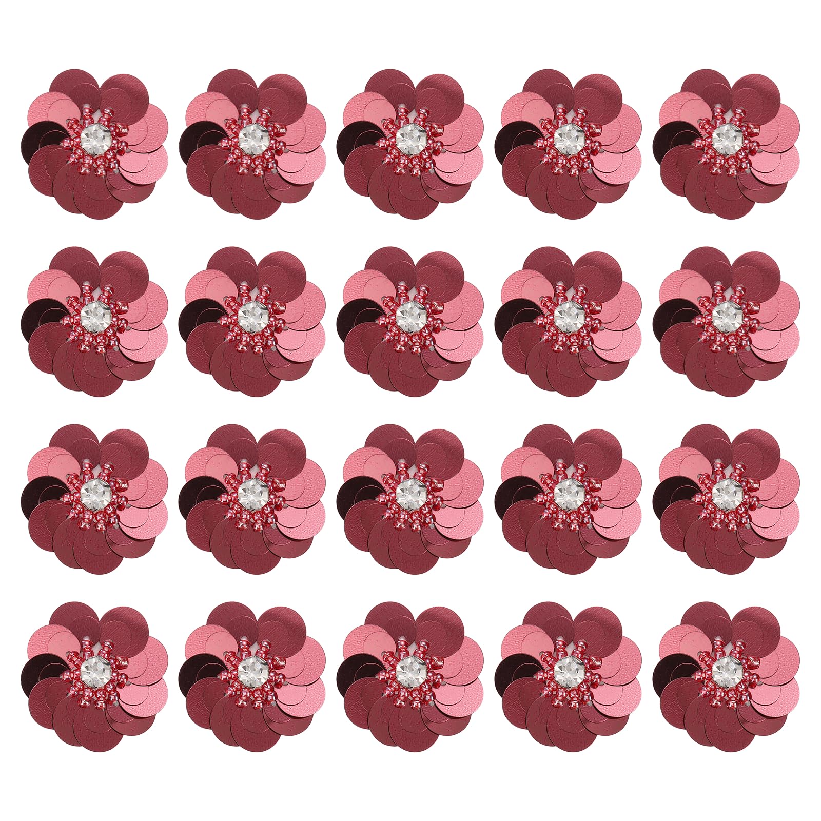sourcing map 20 Pcs Sequin Beaded Flower Appliques, 1.18 Inch Handmade Embroidery Sewing Beads Patches Mini Paillette Crystal Applique for DIY Craft Clothing Bags Headbands Shoes, Wine Red