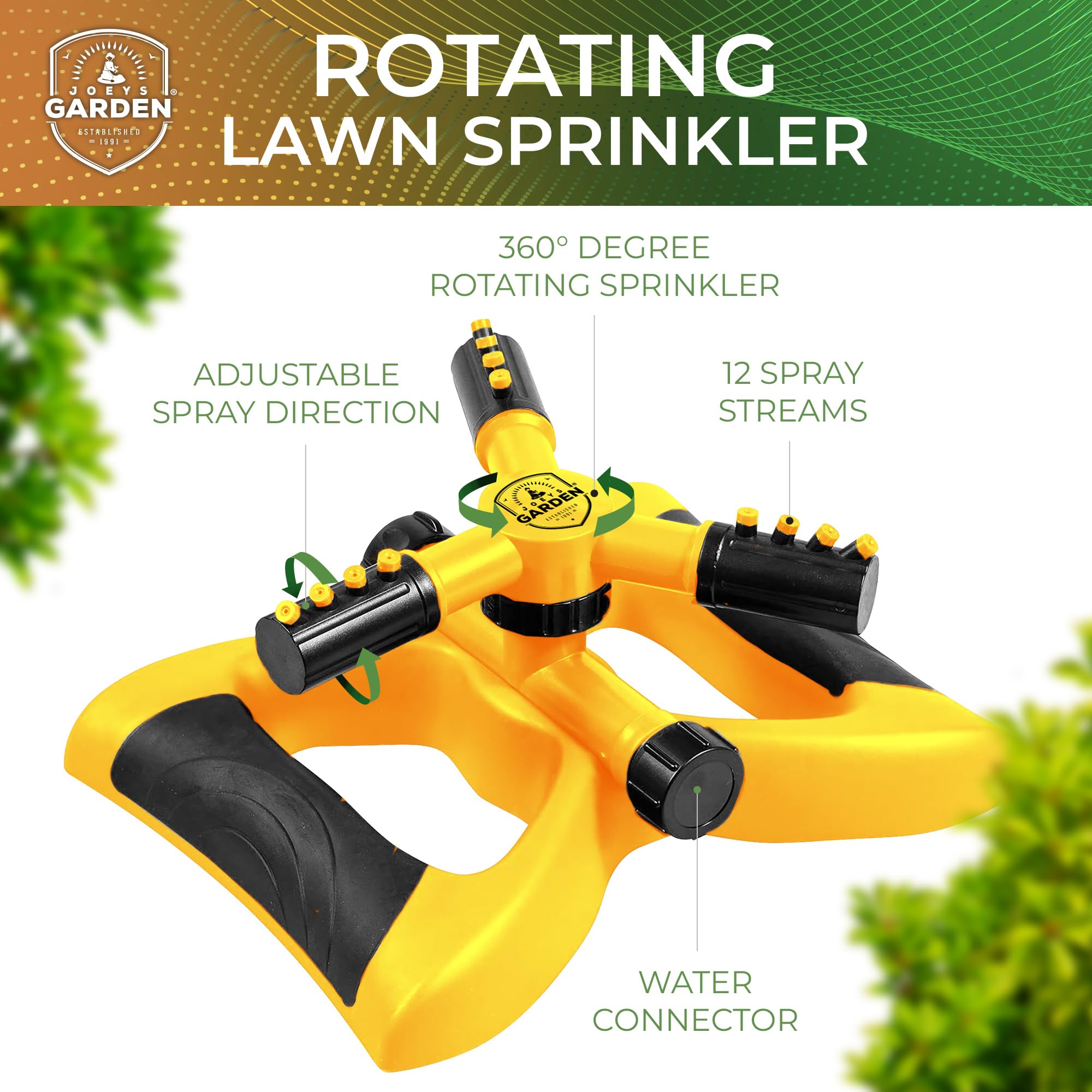 Joeys Sprinkler für Hof, rotierender Gartensprinkler für große Flächenabdeckung, Rasen- und Hofregner (Gelb)