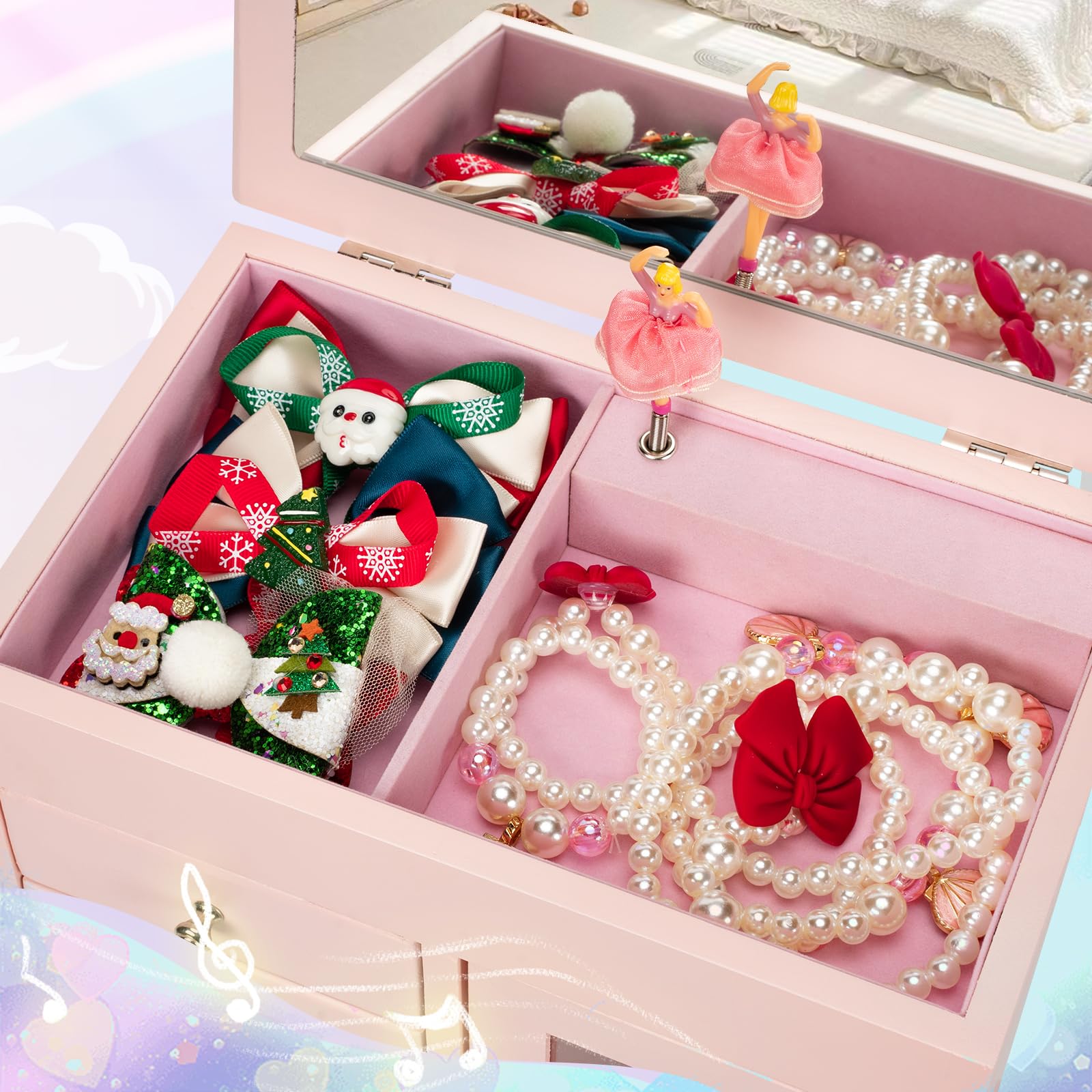 Joyero musical para niñas, caja de música grande de madera para niños con bailarina giratoria y espejo, caja de joyería de 5 capas, regalo para niñas pequeñas, Navidad, Año Nuevo, cumpleaños
