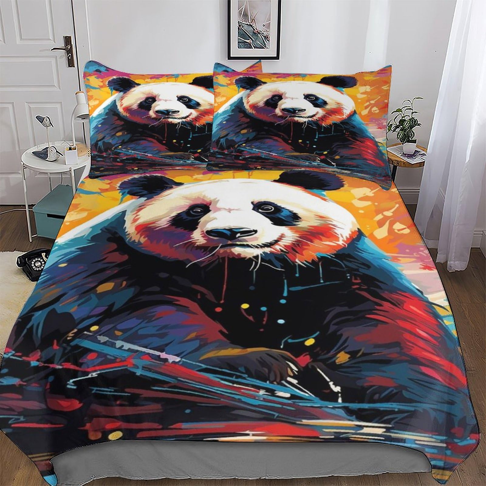 Housse de couette panda sans repassage parure de lit 3 pièces grand confort 200x200 cm