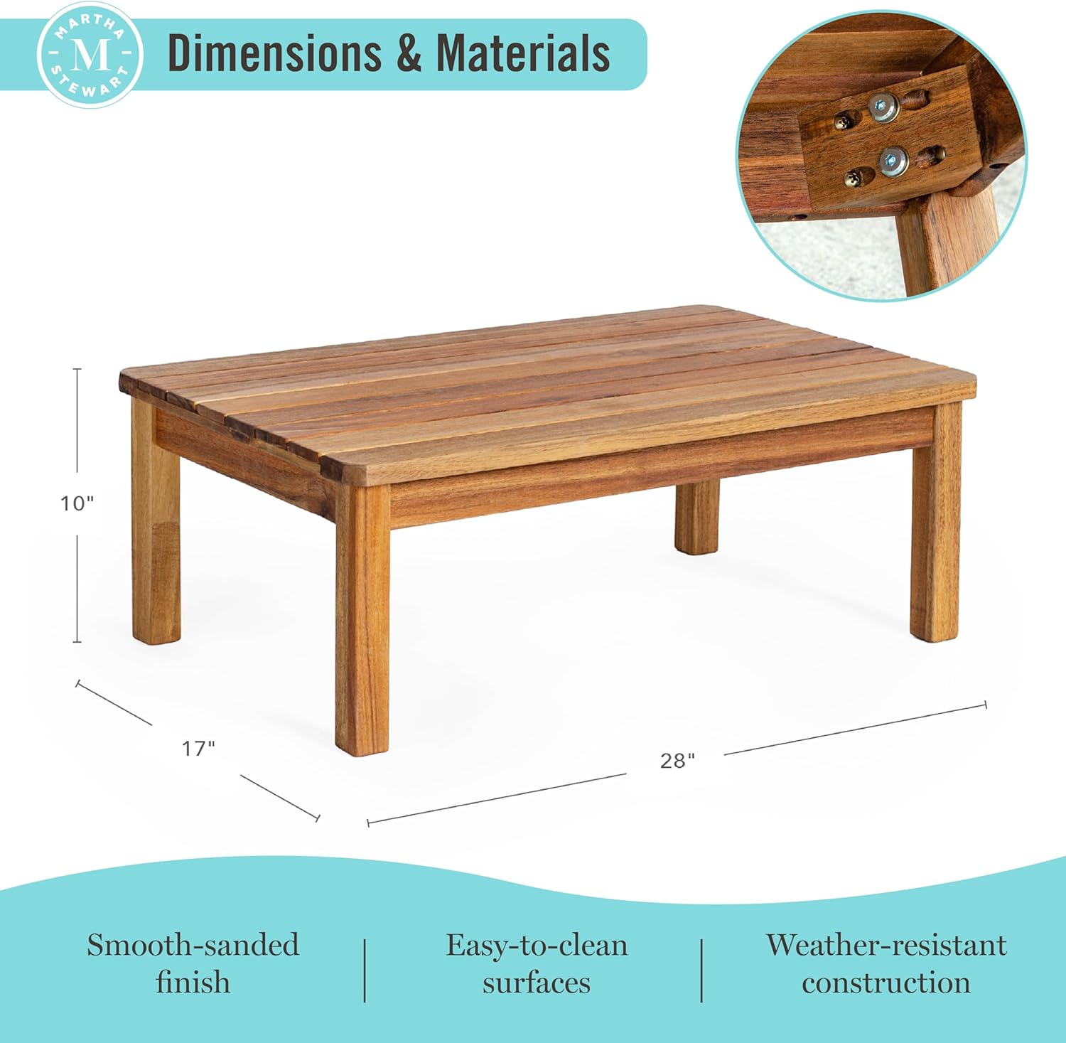 Martha Stewart Kids Outdoor Low Table: Acacia Wood Activity Desk for Play & Learning, Kids Picnic Table for Garden, Backyard, Porch, Patio & Outdoor Classroom Furniture | Measures 28" x 17" x 10"