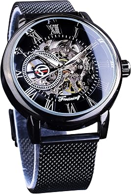 FORSINING Mens Skeleton Watch Steampunk Watch Black Mechanical Watch for Men Minimalist Retro Design Mechanical Skeleton Wrist Watch Transparent