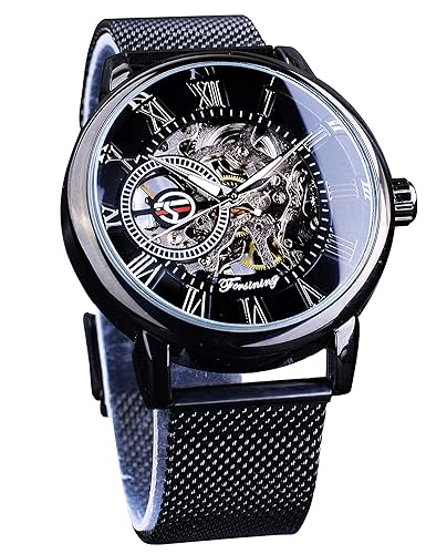 FORSINING Men's Skeleton Watch Steampunk Watch Black Mechanical Watch for Men Minimalist Retro Design Mechanical Skeleton Wrist Watch Transparent - Black