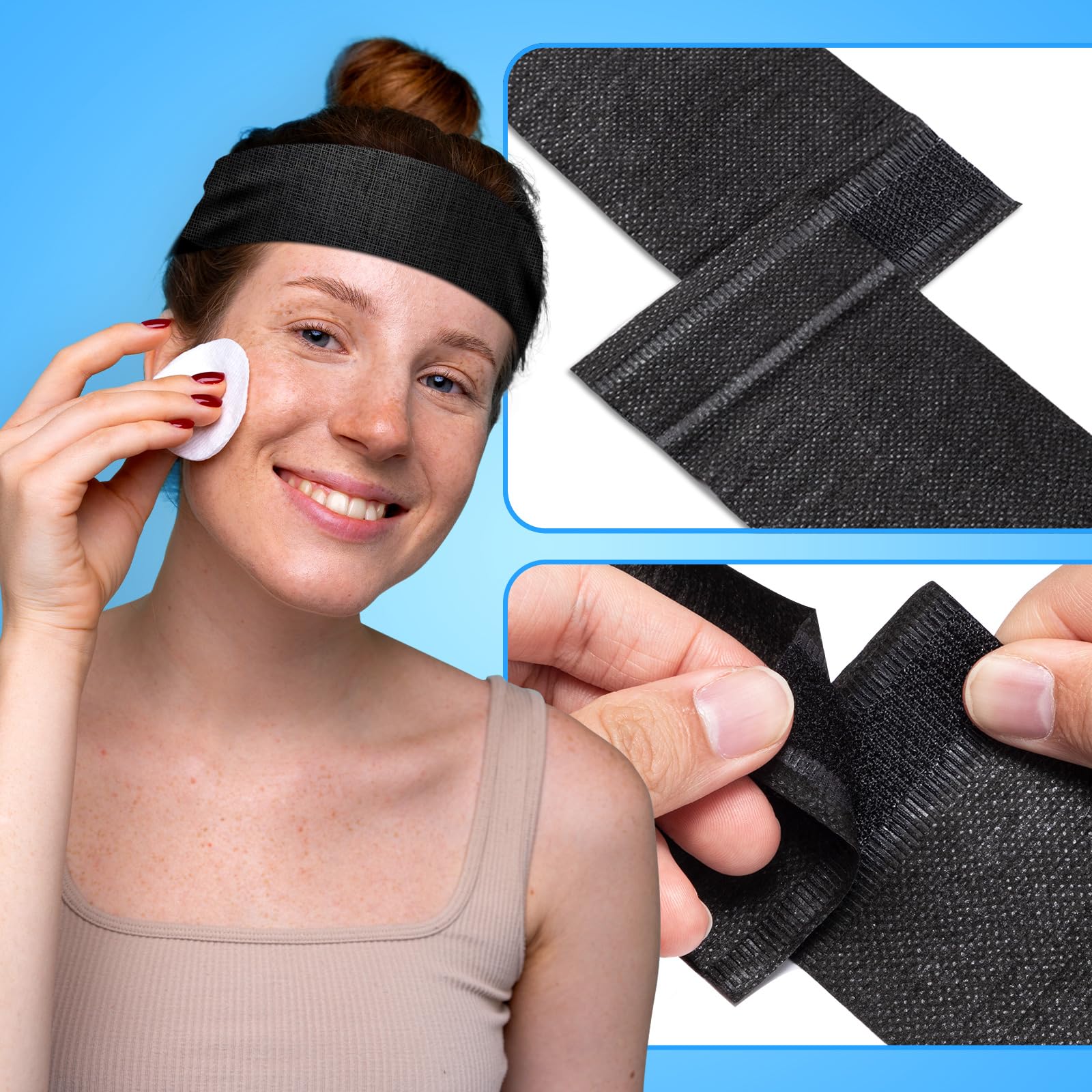 Noverlife 100 diademas desechables, diademas elásticas de spa con cinta mágica ajustable, bandas de pelo esteticista de tela no tejida para el cuidado de la piel facial, maquillaje, envolturas suaves