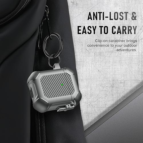Vista 88 de Maxjoy Funda para AirPods Pro, clip de bloqueo seguro de fibra de carbono, cuerpo completo, a prueba de golpes, carcasa rígida con llavero