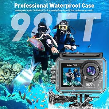 Action Cam 5K/4K, 50MP 30M/98FT Waterproof Underwater Camera with 64GB SD Card, IS, WiFi, 170° Ultra Wide Angle Action Camera - Ideal for Bike, Snorkelling, Motorcycle, Helmet Camera