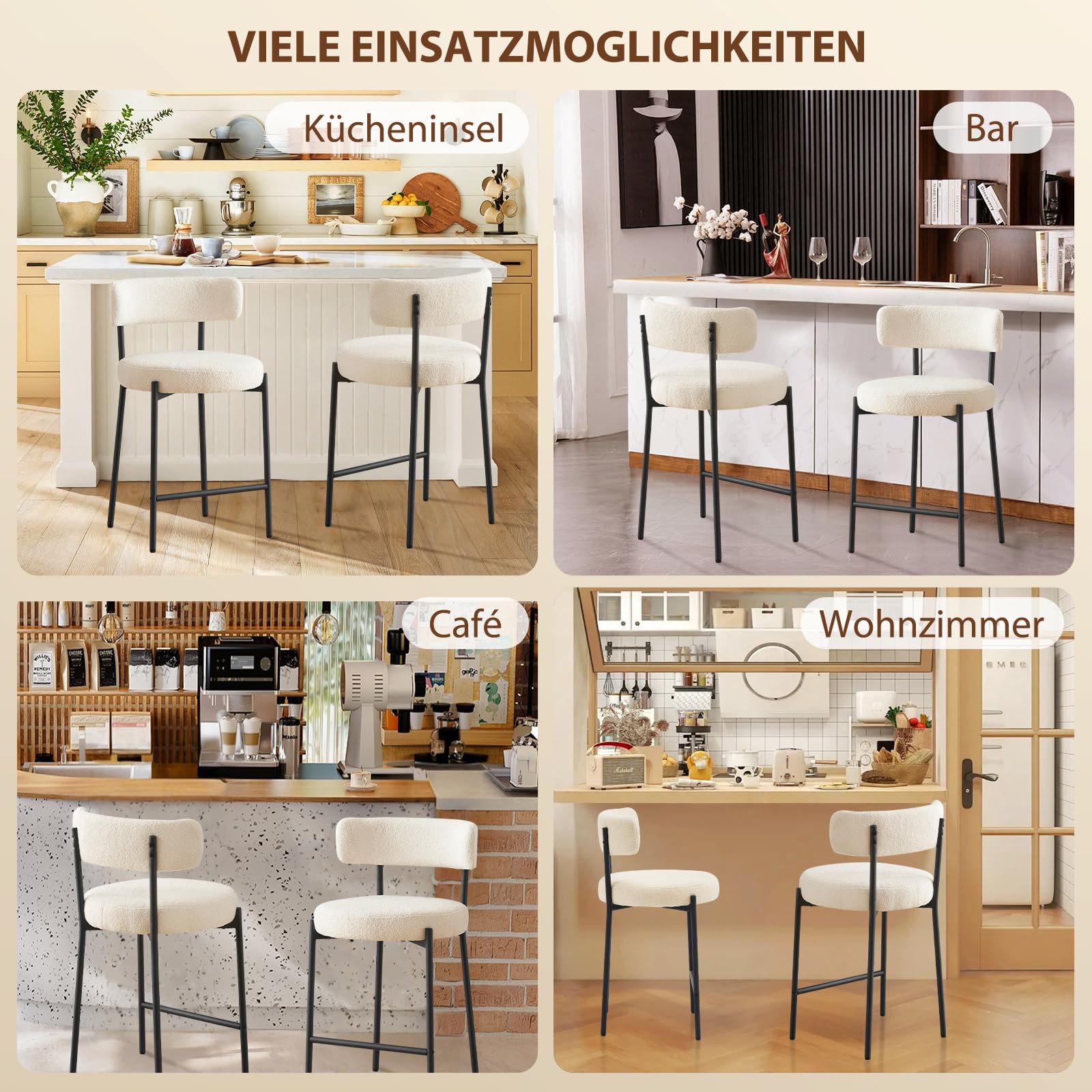 Barhocker 2er Set, 63.5cm Sitzhöhe Barstuhl Küchenstuhl, Tresenhocker Bistrohocker mit Rückenlehne und Fußstütze, Gepolsterte Küchenhocker Esszimmerstuhl für Kücheninsel, Bar, Esszimmer, Weiß