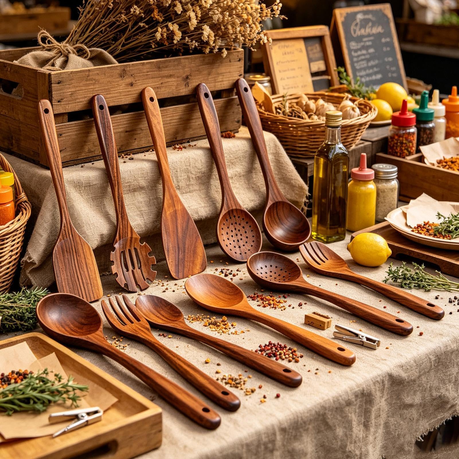 Juego Utensilios Cocina Madera 10 Piezas Cucharas Espátulas Cucharón y