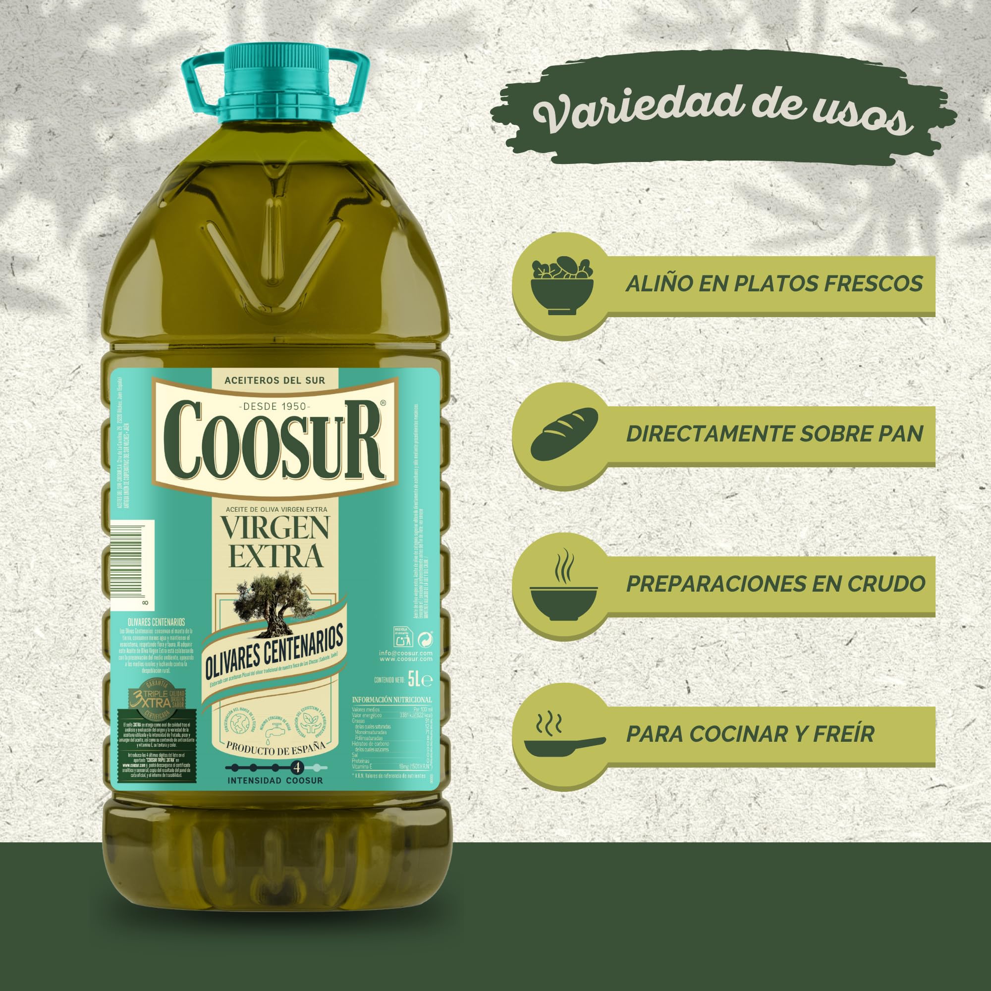 COOSUR Aceite De Oliva Virgen Extra Olivares Centenarios Garrafa 5L. 100% AOVE de aceitunas Variedad picual de Olivos Centenarios de Nuestra Finca Las Chozas en Sabiote, Jaén. Aromático e intenso.
