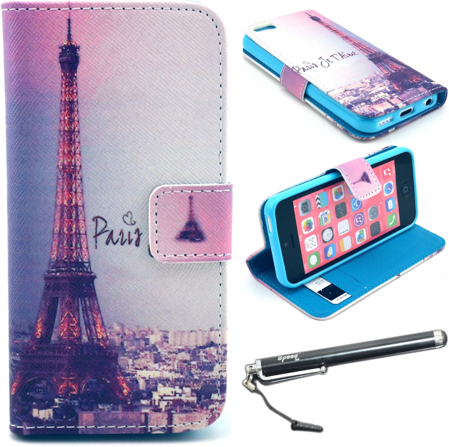 iPhone 5C Case, Speedtek Eiffel Tower Pattern Premium PU Leather Wallet Flip Protective Skin Case with Magnetic Closure for Apple iPhone 5C (2013) (Built-in Credit Card/ID Card Slot)