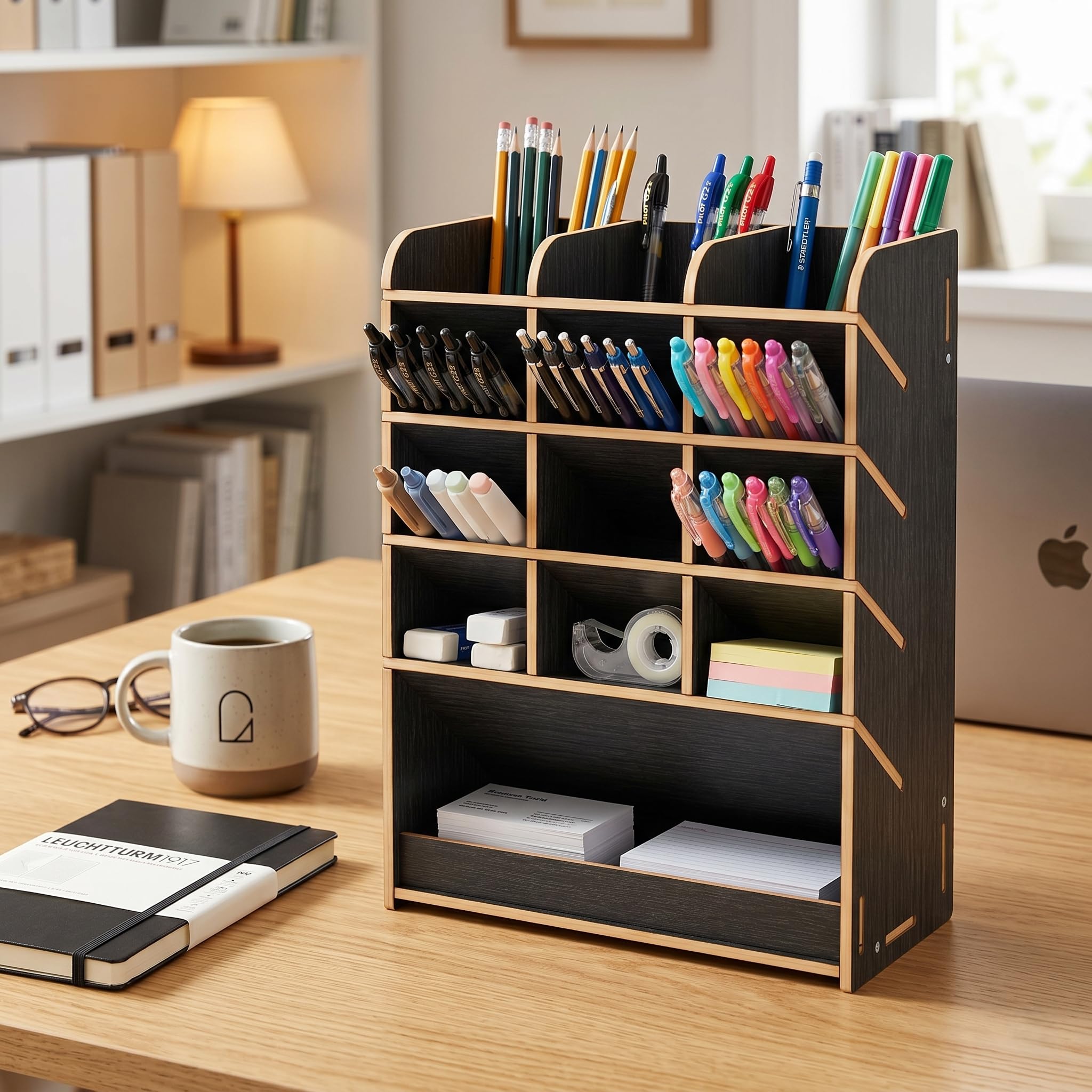 Privla Wooden Desk Organizer for Office Desk | Multi-Compartment Pen Stand & Stationery Holder | Desktop Storage Organizer for Home, Office & Study Table | DIY Assemble Tool Kit Included (pack of 1)
