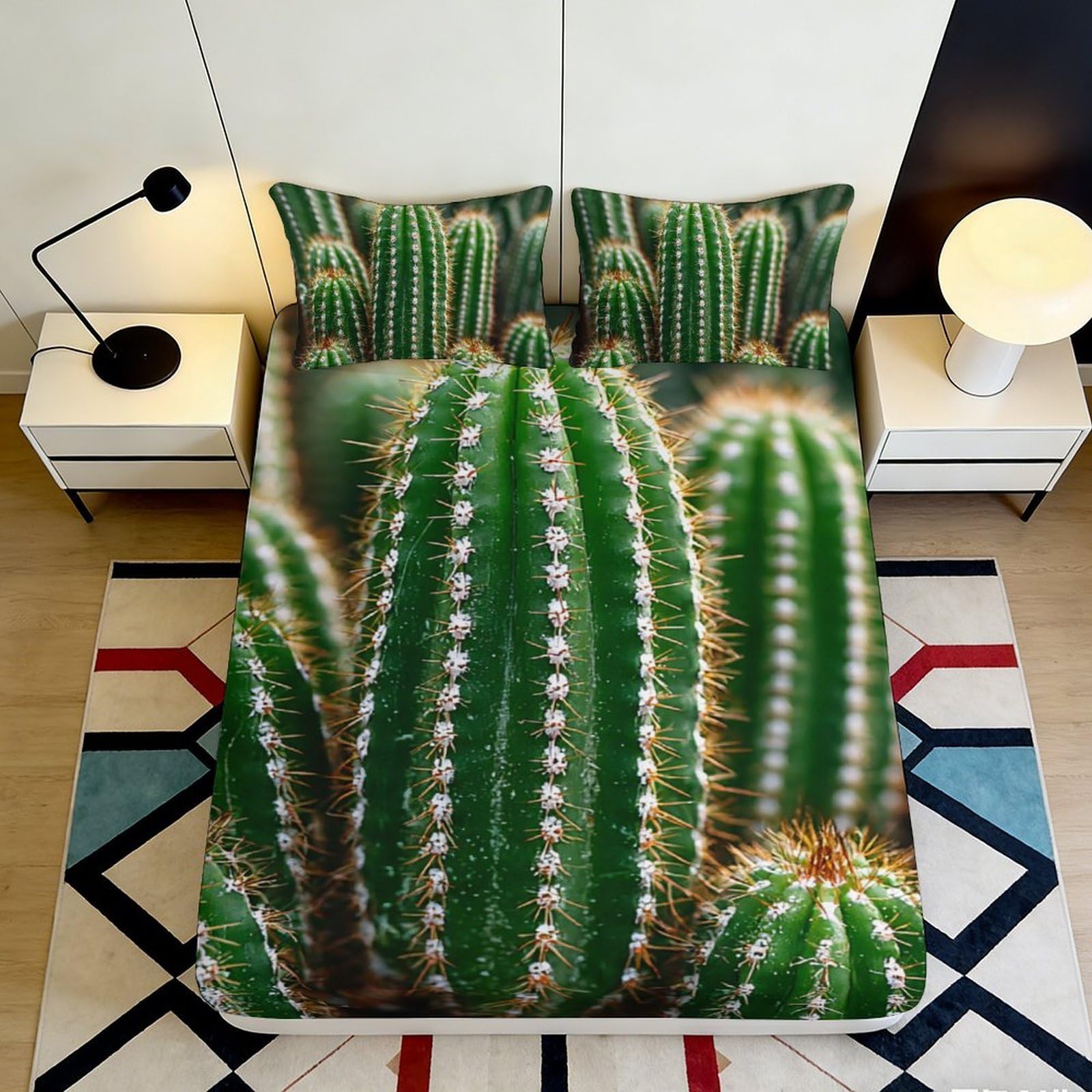 3D Printed Green Cactus Fitted Sheet Microfiber Soft Breathable Succulent Mattress Cover for Bedroom Dorm Decor 90x200x25cm