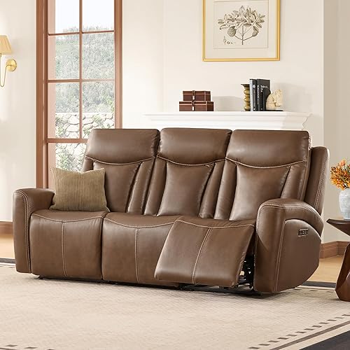 Miniatura 11 de CHITA Sofá reclinable eléctrico de cuero genuino, sofá reclinable de gravedad cero con reposacabezas y consola eléctrica, soporte para tazas,
