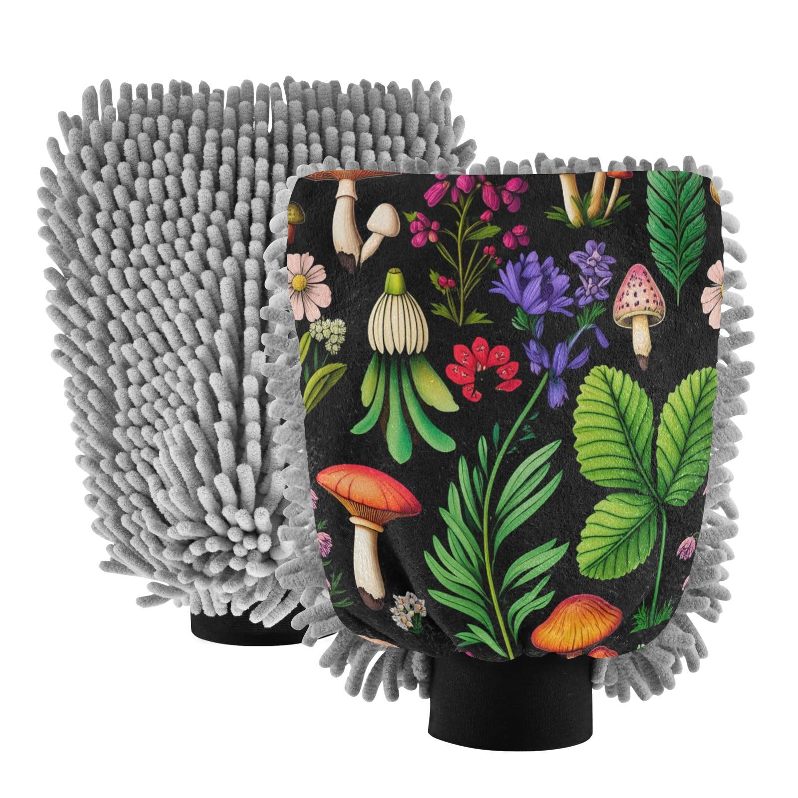 Kigai Cute Cartoon Mushrooms Car Wash Mitt Microfiber, 2Pcs Scratch Free Lint-Free, Premium Chenille Microfiber Mitt Car Wash Brush-M