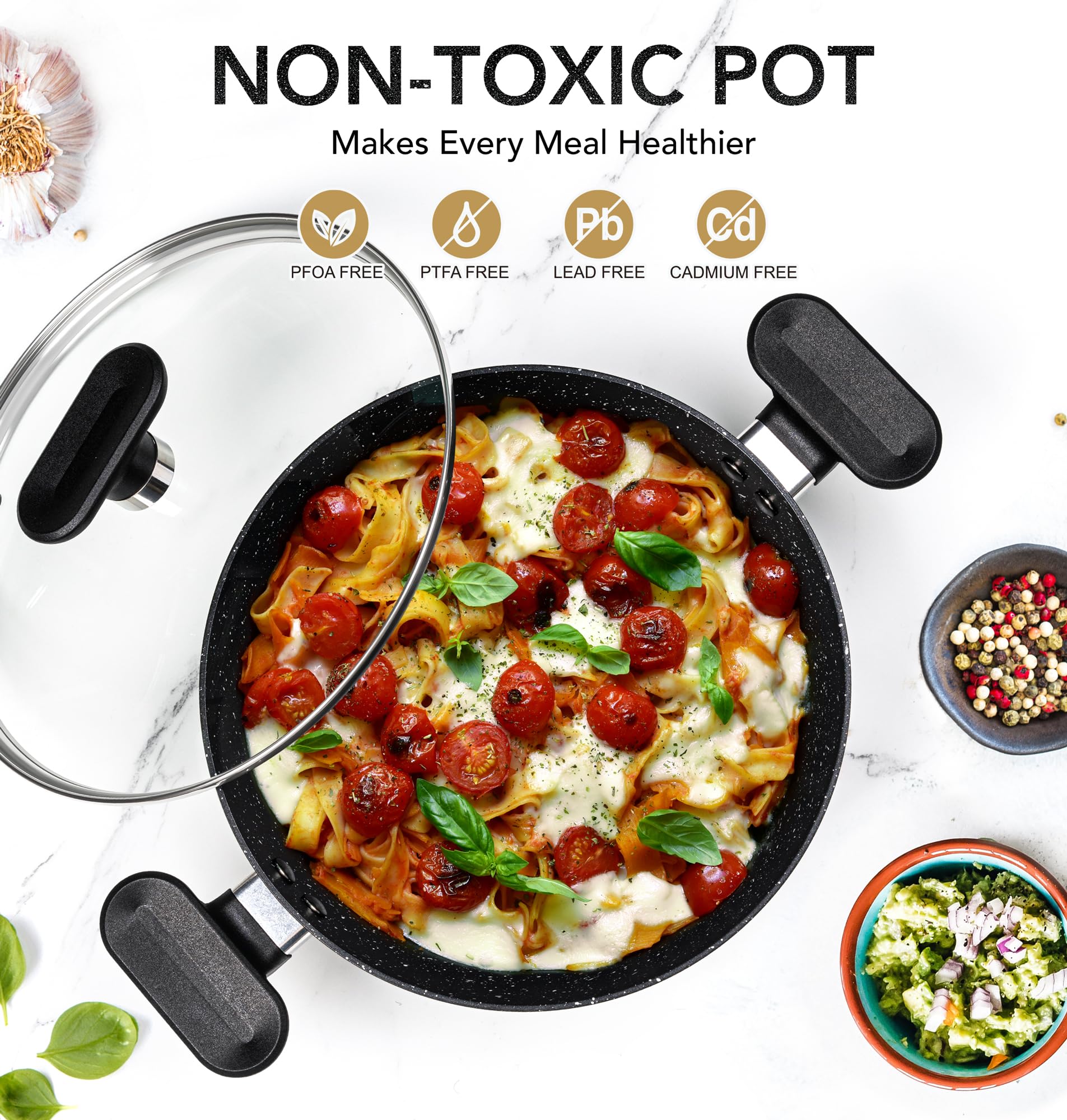 MICHELANGELO 4 Quart Cooking Pot with Lid, Nonstick Stock Pot, Granite Soup Pot with Lid, Induction Pot with Stay-cool Handle, 4 Qt Stockpot Non Stick Pot Black