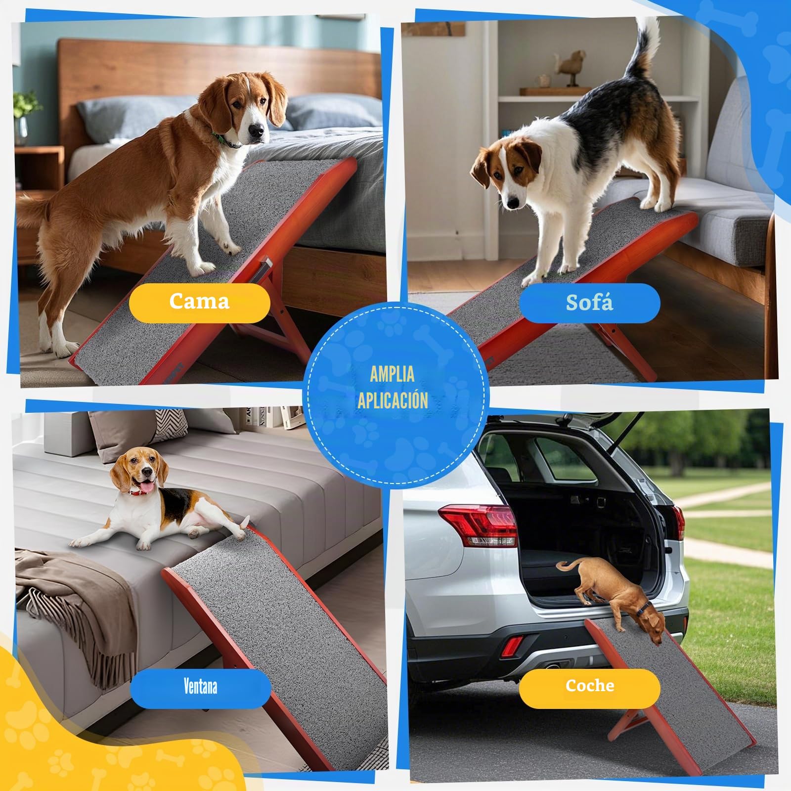 Rampa para perros - Ajustable 34-61,5 cm Diseño de protección contra el lavavajillas Madera de abedul plegable para cama sofá coche, antideslizante para mascotas
