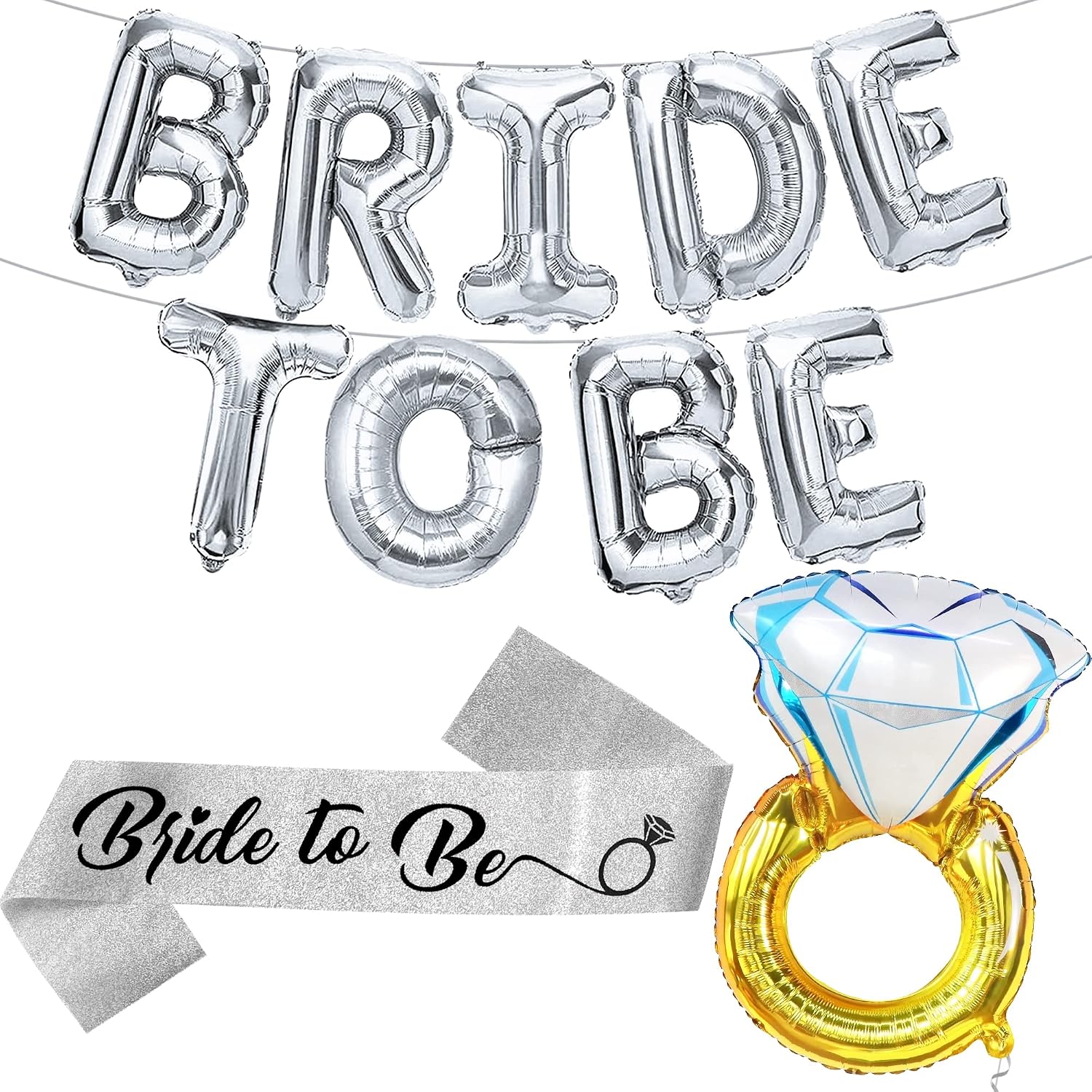 KatchOn, Bride To Be Balloons Silver - Pack of 11 | Bride Balloons, Bachelorette Party Decorations | Bride to Be Sash | Engagement Ring Balloon, Bridal Shower Decorations | Bride To Be Decorations