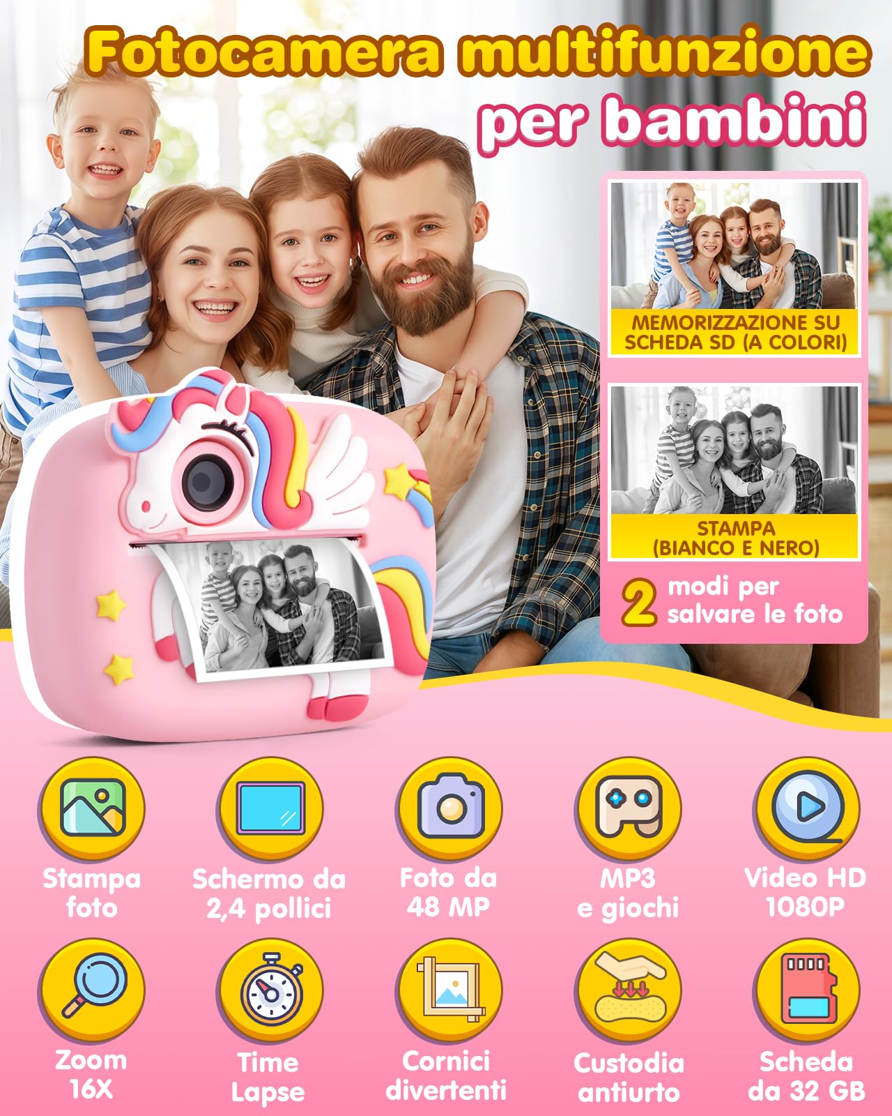 Macchina Fotografica Bambini Istantanea, 48MP 1080P Fotocamera Digitale Bambina con 32 GB e 4 Carta da Stampa, Regalo Gioco per Maschio e Femmina 3 4 5 6 7 8 9 10 11 12 Anni, Giochi Regali Compleanno