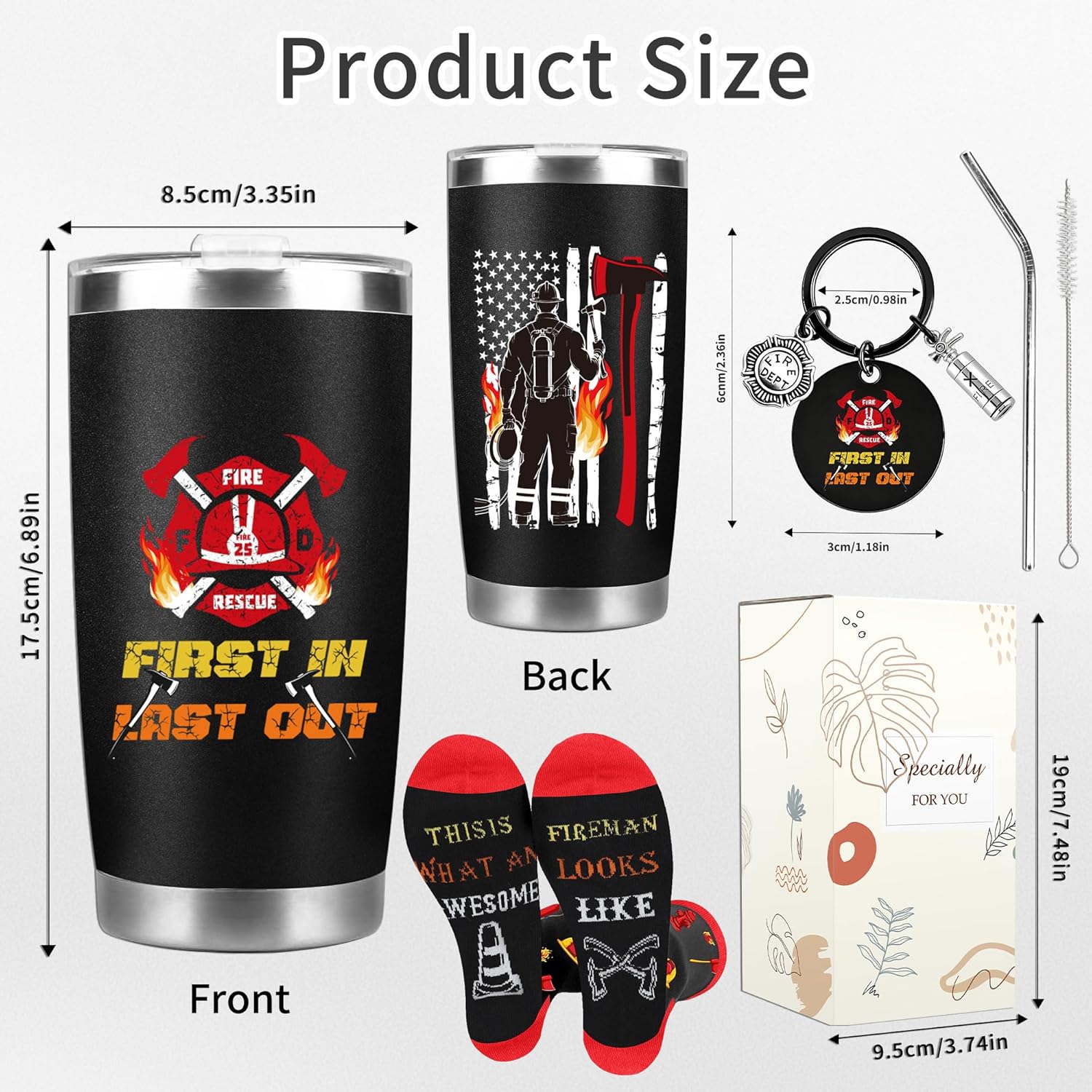 Firefighter Gifts Set for Men, 20oz Cool Tumbler Gift for Fireman with Socks Keychain, Fireman Gifts for Fire Fighters Rescue Heroes, Appreciation or Retirement Present for Him Husband Coworker - Image 2