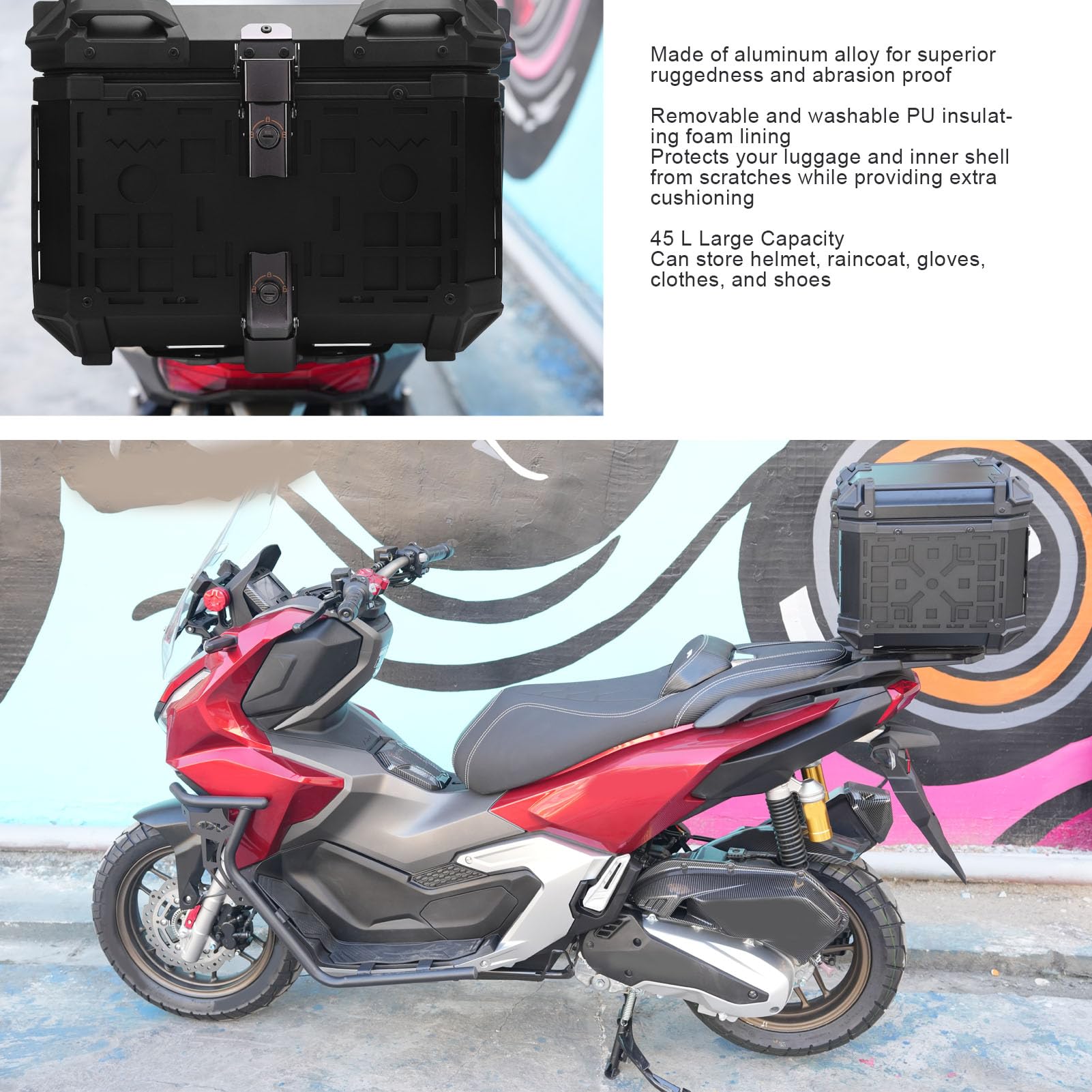 Motorcycle Rear Case 45L Aluminum Alloy with Safety Lock Quick Release Waterproofing Universal Trunk Top Box