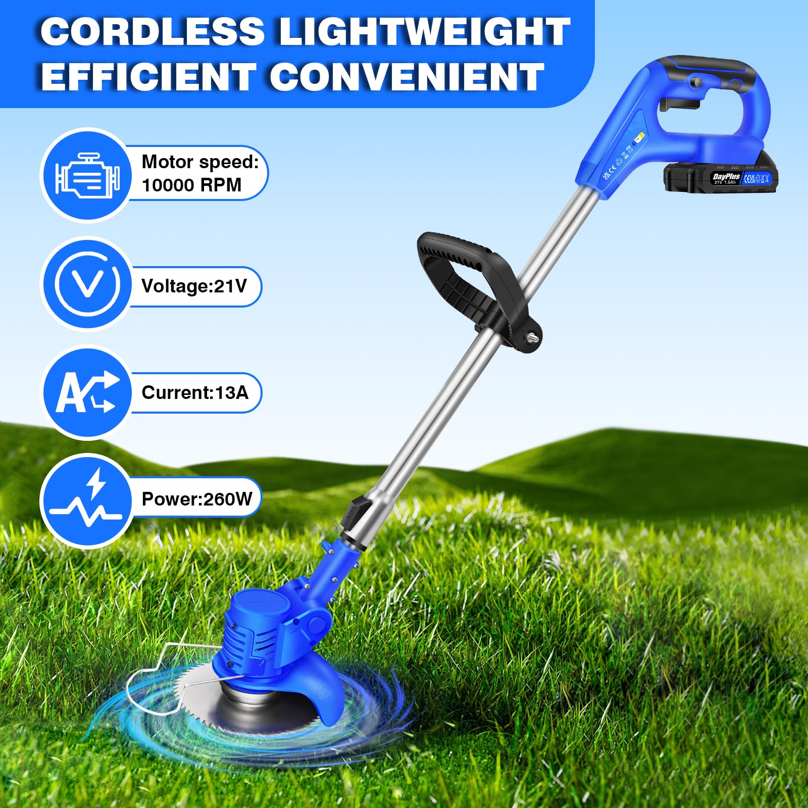 Cortacésped Eléctrico Li-Ion 21 V 15.5cm Ancho de Corte 10000 RPM Motor Giratorio y basculante Cabezal Ajustable (36"-50") y Eje telescópico con 2 baterías y Cargador