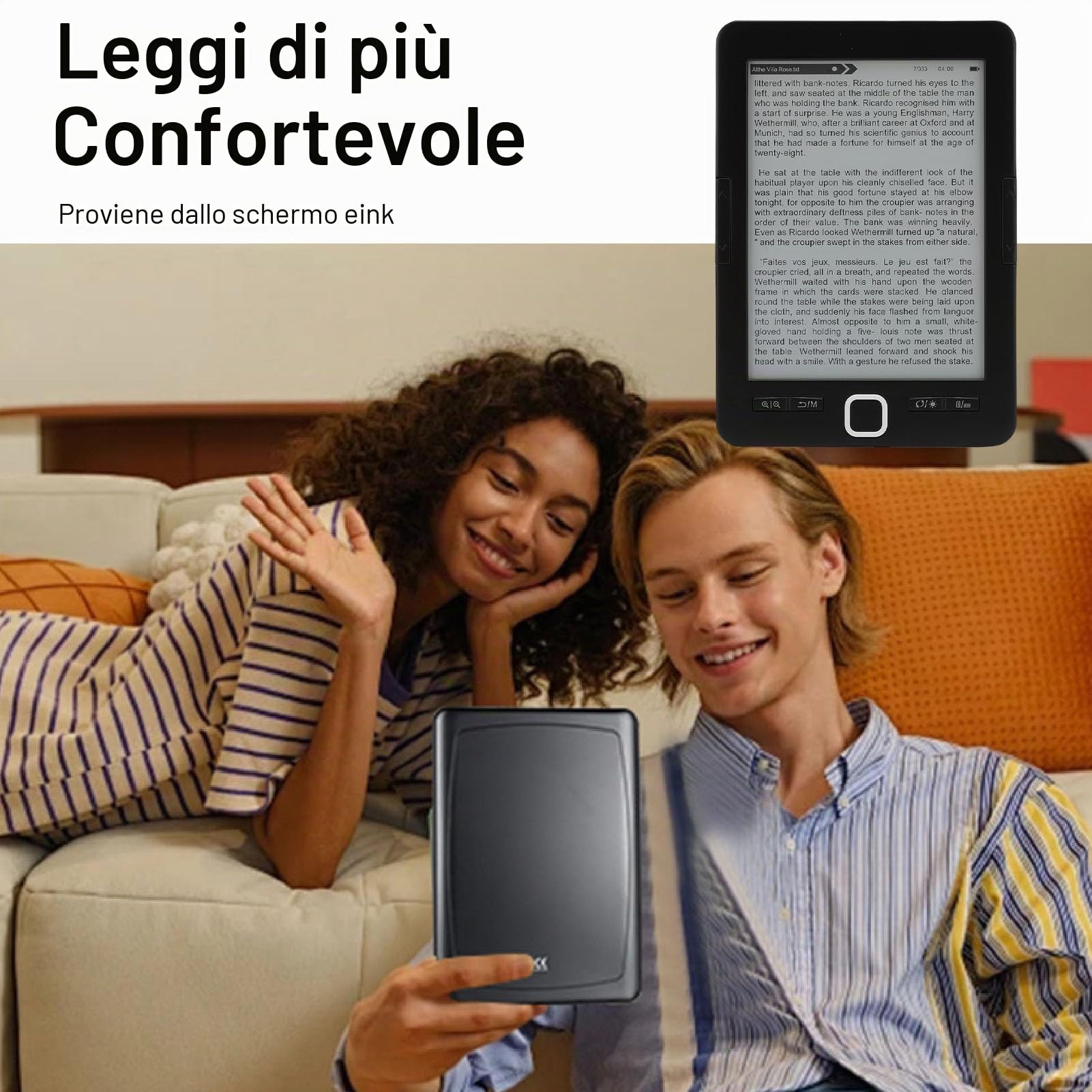 Lettore di EBook Portatile con Schermo HD Ink da 6 Pollici, BK6033, Memoria Integrata da 8 GB, luminosità Regolabile, Adatto per Bambini, Adulti e anziani.
