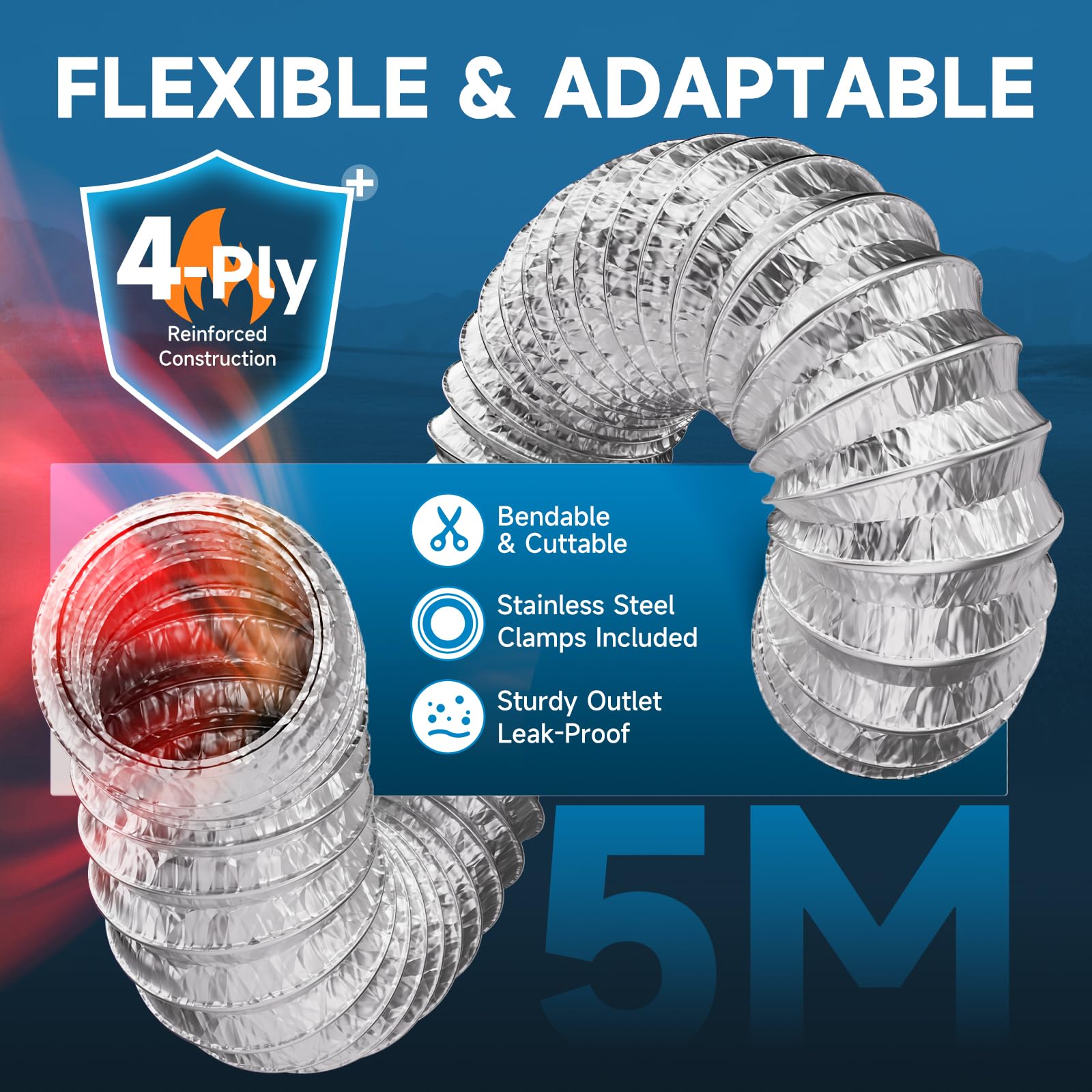 Hon&Guan Ø 125mm X 5m Manguera Flexible de Ventilación de Aluminio Tubo Salida Aire, Tubo Flexible de Salida de Aire con 2 Abrazaderas Acero para Aire Acondicionado, Campana Extractora, Plata