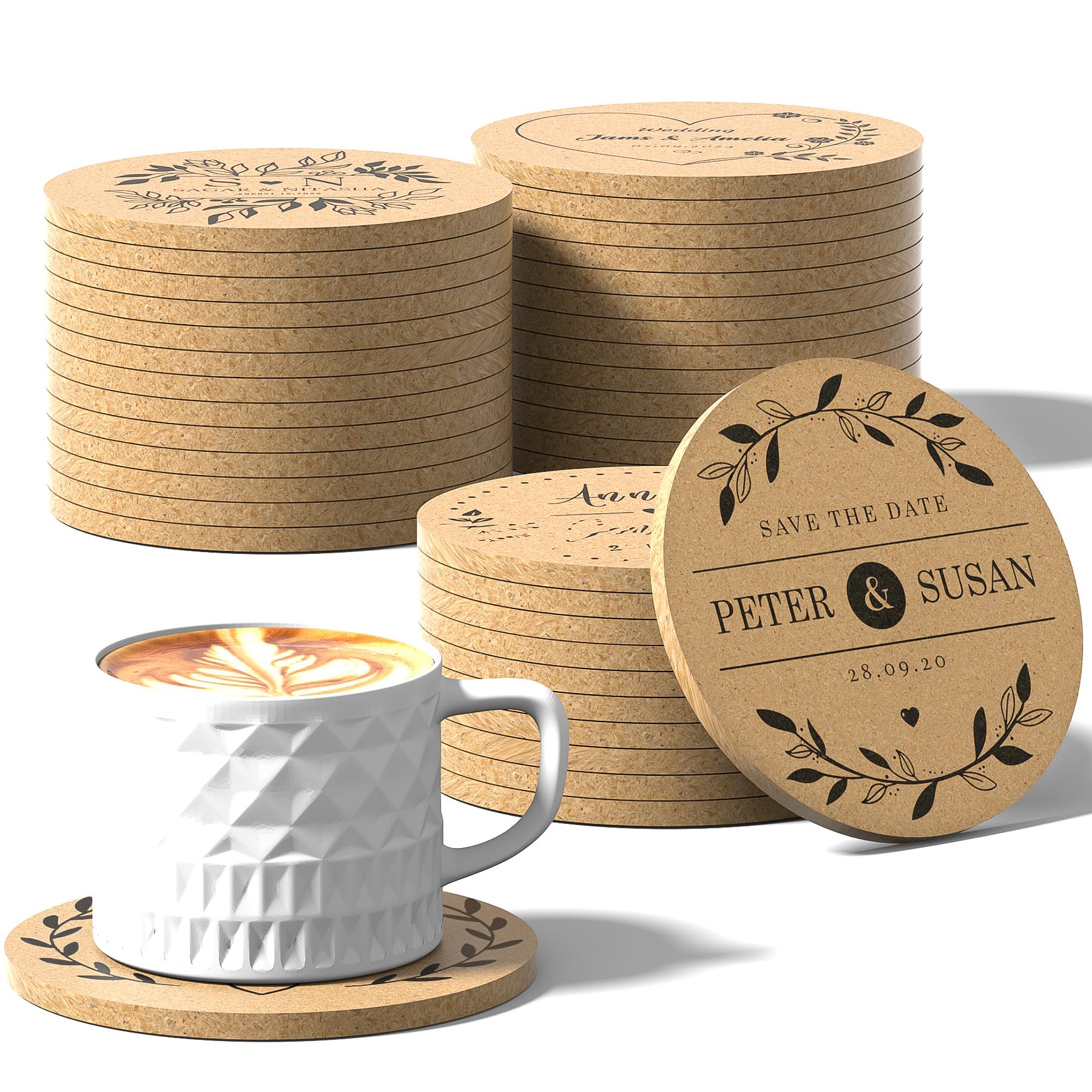 Shueewago 30-100 Pack Personalised Cork Coasters for Drinks, 4" Round Wedding Favours, Personalized Coasters for Guests, Personalized Coasters Bulk with Laser Engraved Image or Logo,