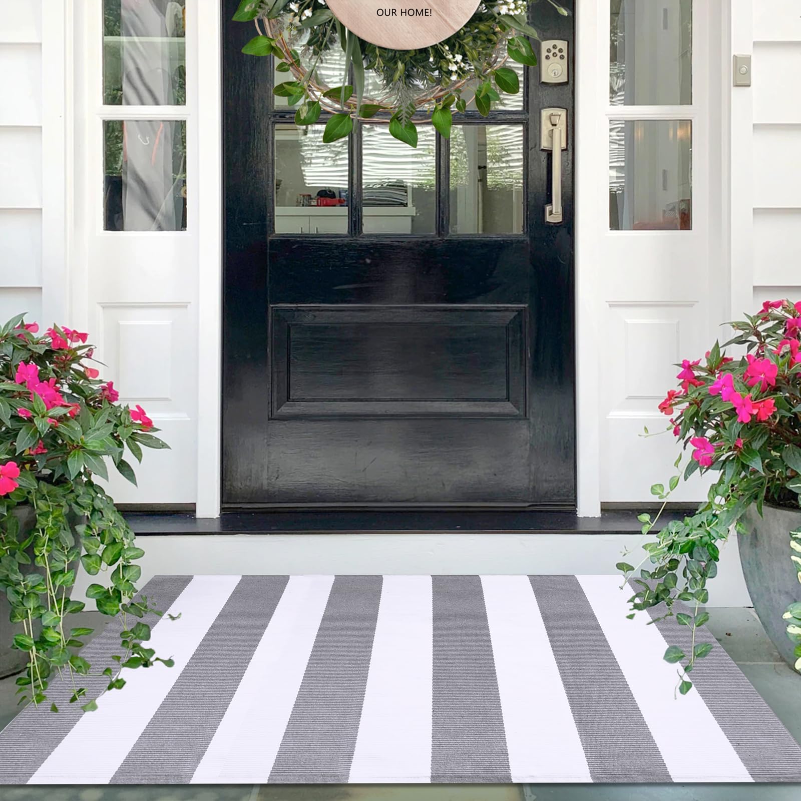IOHOUZE Grey White Striped Rug -27.5" X 43" Front Door Mats Outdoor,Washable Rug for Front Porch Decor,Spring Summer Welcome Mats Outdoor Indoor,