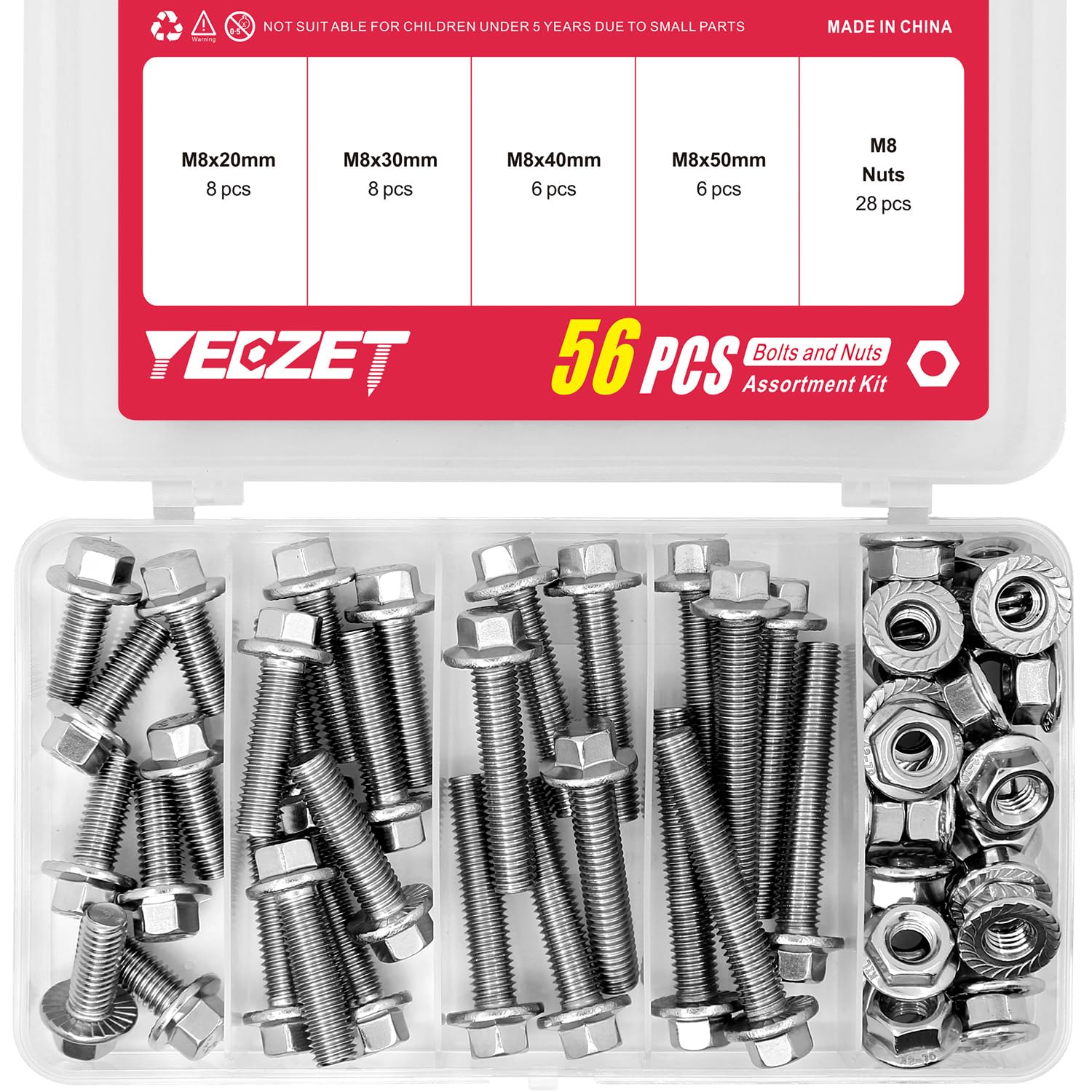 YEEZET56PCS M8 Stainless Steel 304 Flanged Hex Head Bolts and Nuts kit 20mm 30mm 40mm 50mm