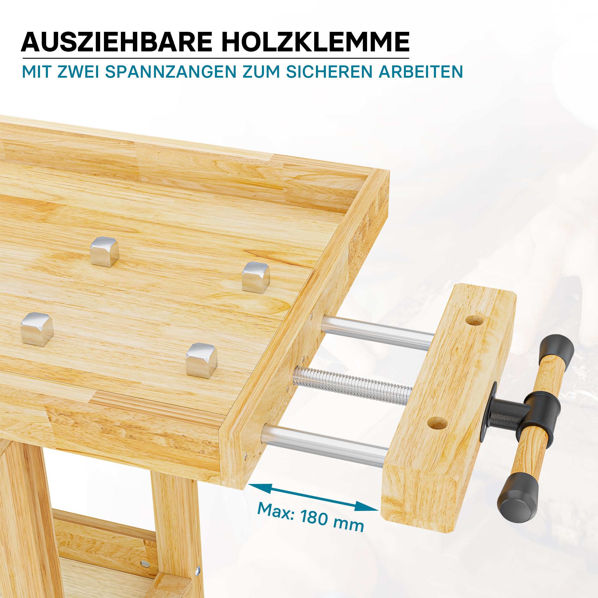 Wiltec Werkbank 151 x 61,5 x 86 cm aus Holz, Werktisch aus Rubberwood, Hobelbank bis 150 kg belastbar, Werkzeugbank mit Schublade und Spannzangen