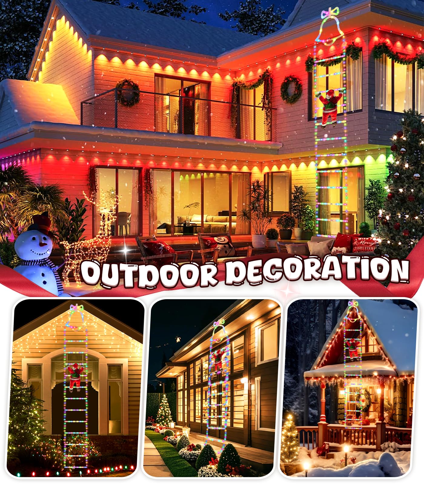 Guirlande Lumineuse Échelle Père Noël, 3 m LED Rideau Lumineux Decoration Noel Guirlande Lumineuse à Piles, 8 Modes Christmas Lights Échelle avec Père Noël Minuterie Étanche pour Exterieur Interieur