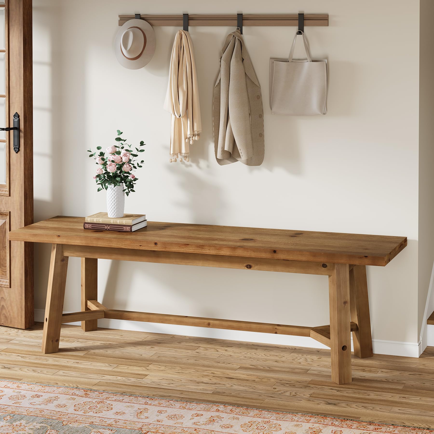 55" Solid Wood Bench, Farmhouse Bench Seat for Entryway | 55" L x 13.8" D Dining Bench, 400 Lb Capacity, Wooden Bench for Dining Room, Bedroom, End of Bed Bench, Easy Assembly, Wood