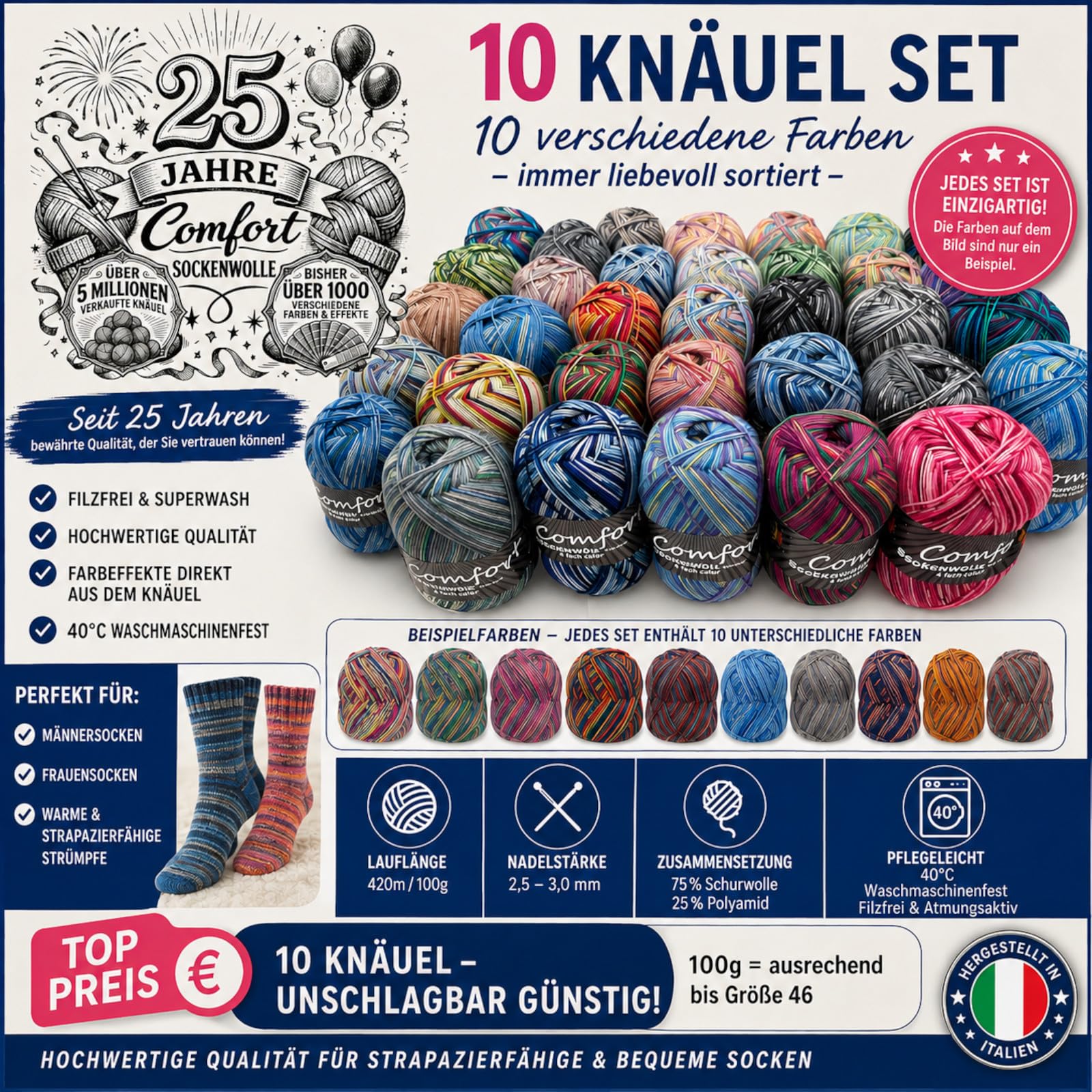 Sockenwolle Strumpfwolle Color 4-fach 10x100g bunt sortiert