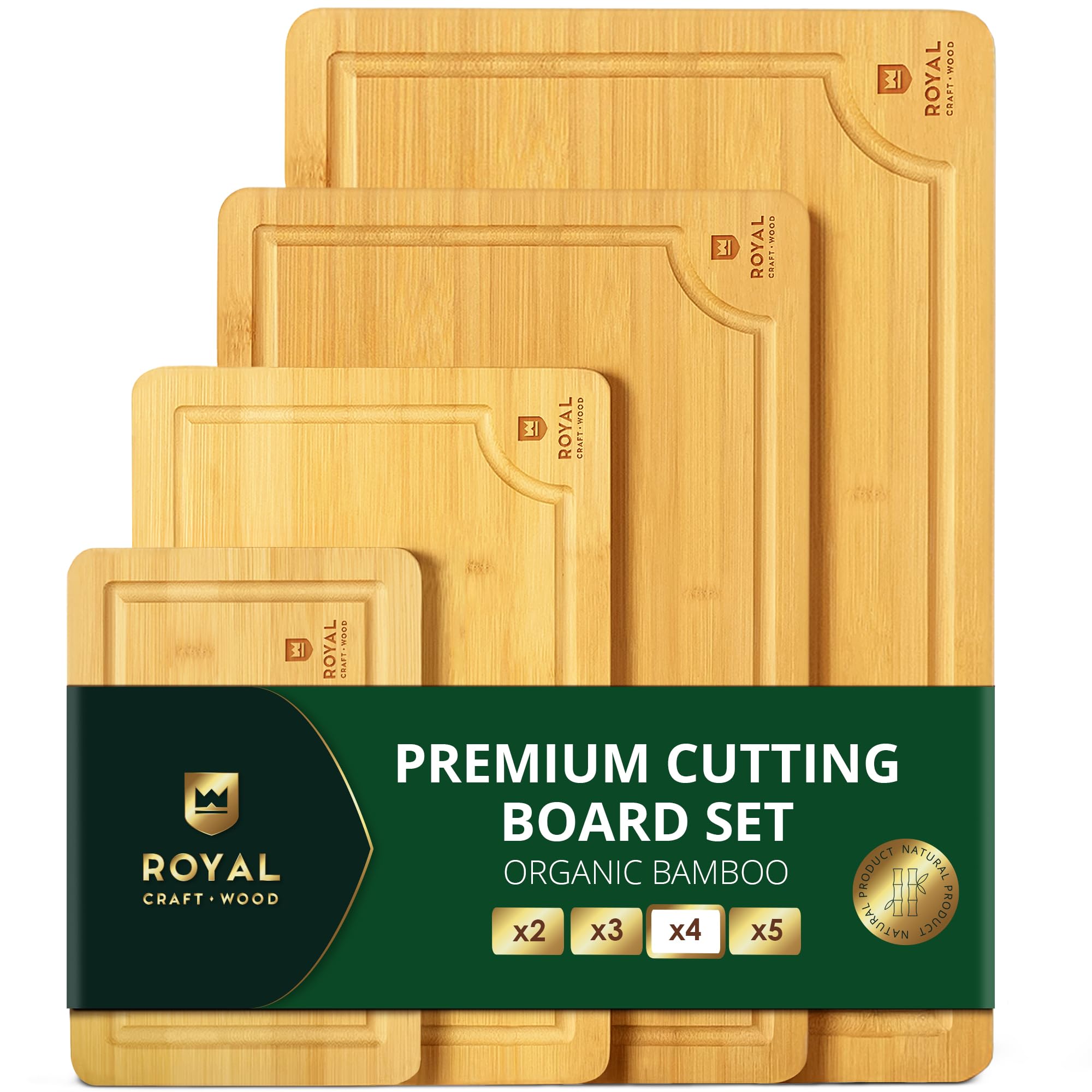 Royal Craft Wood Wooden Cutting Boards for Kitchen Meal Prep & Cutting - Bamboo Wood Cutting Board Set with Deep Juice Groove Side Handles - Charcuterie & Chopping Butcher Block for Meat (4 Pcs)