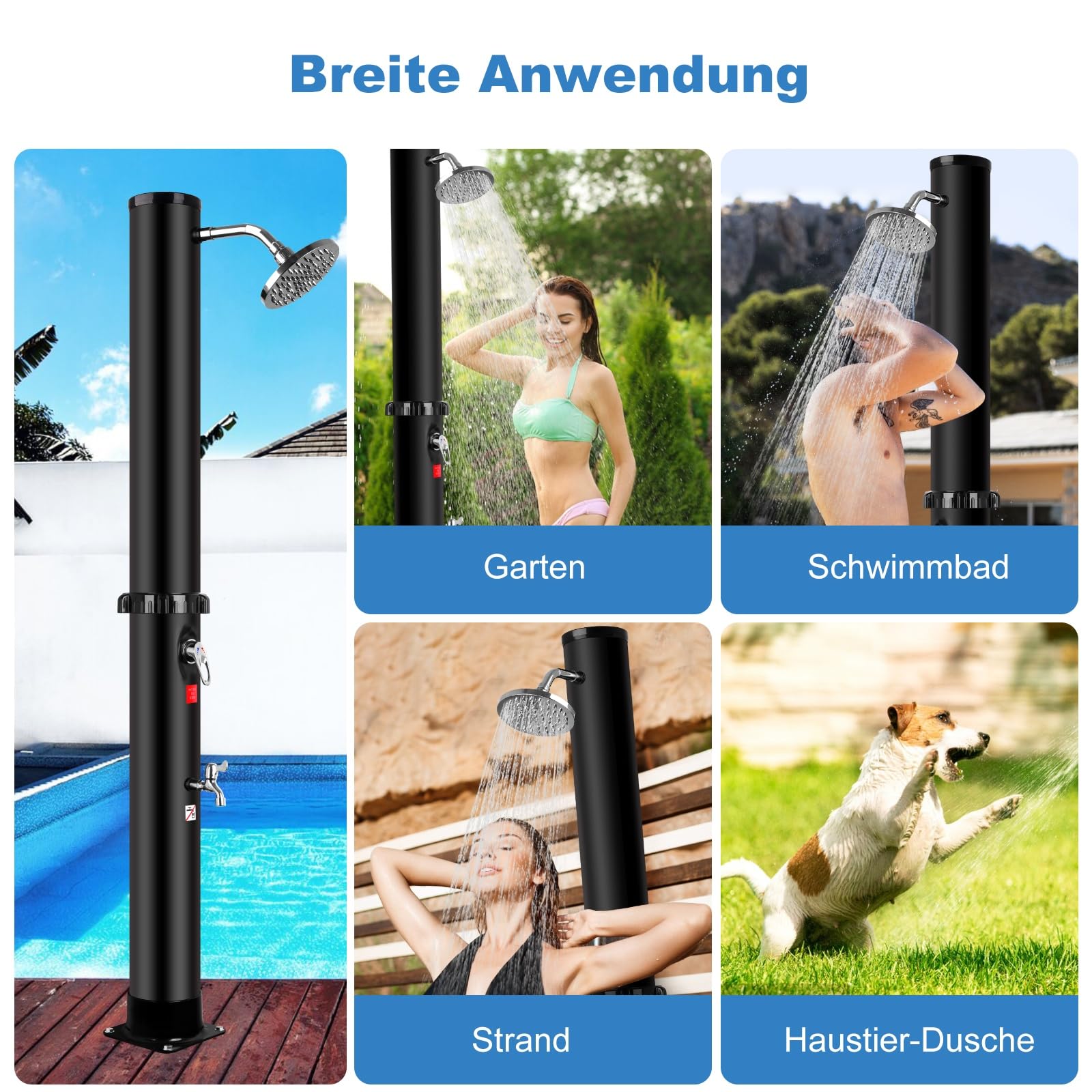Solar Gartendusche 35Liter - Solardusche mit 360° Drehbarem Duschkopf und Fußhahn, Einstellbare Temperatur Aussendusche Solar dusche für Garten Pool Camping Hinterhof, Kein Stromanschluss Erforderlich