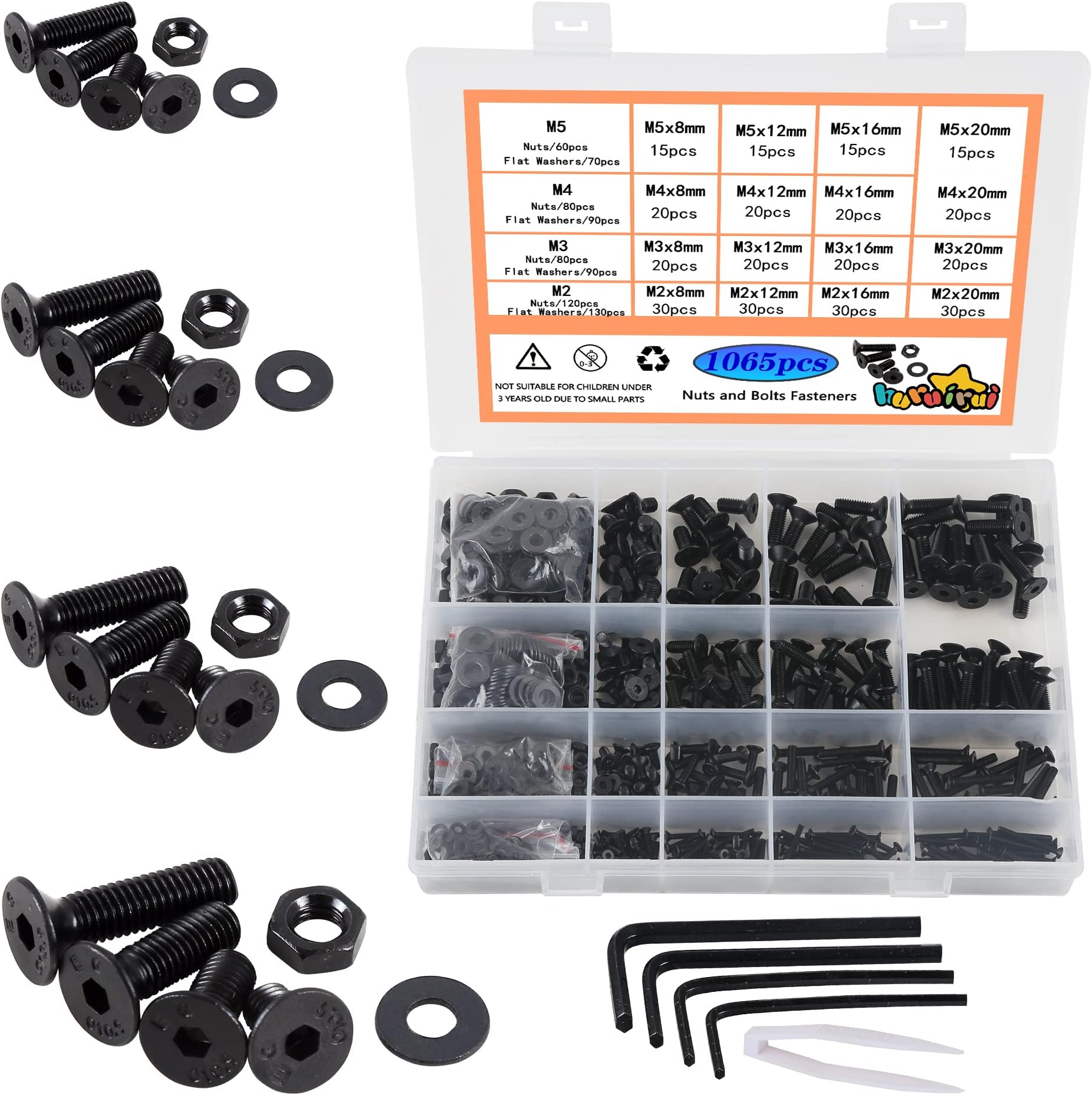 M2 M3 M4 M5 Nuts and Bolts Washers Assorted Set,1065pcs Black Hex Socket Head Cap Screws Bolts and Nuts Kit, Thread Machine Hex Bolt Set Fastener Repair Tools Assortment Kit