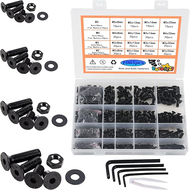 huruirui M2 M3 M4 M5 Nuts and Bolts Washers Assorted Set,1065pcs Black Hex Socket Head Cap Screws Bolts and Nuts Kit, Thread Machine Hex Bolt Set Fastener Repair Tools Assortment Kit