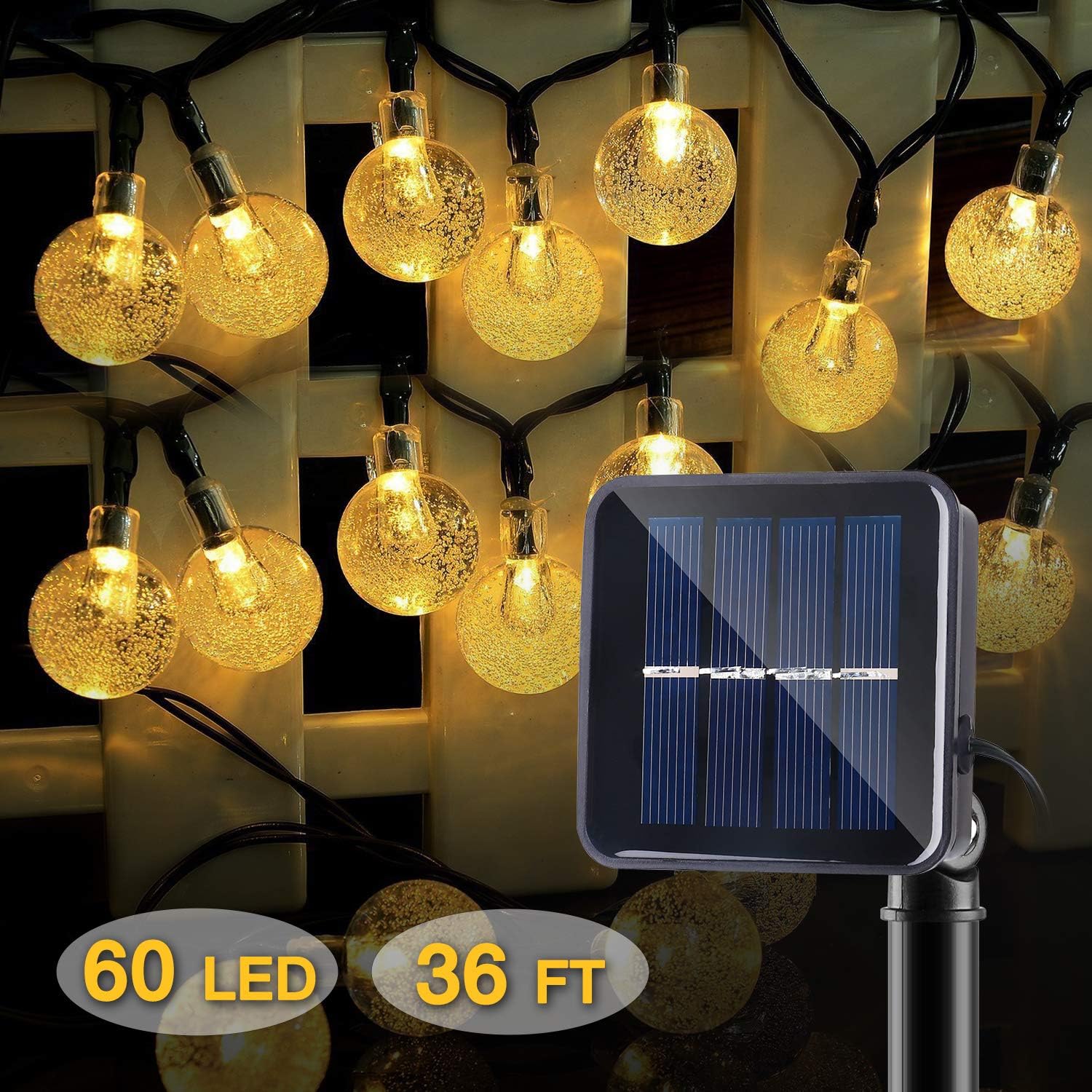 IDESION Solar String Lights, 36ft 60LEDs Crystal Ball Globe Outdoor String Lights Waterproof Solar Powered Fairy Lighting Strips Warm White for Garden Home Landscape Holiday Decorations, 8 Modes