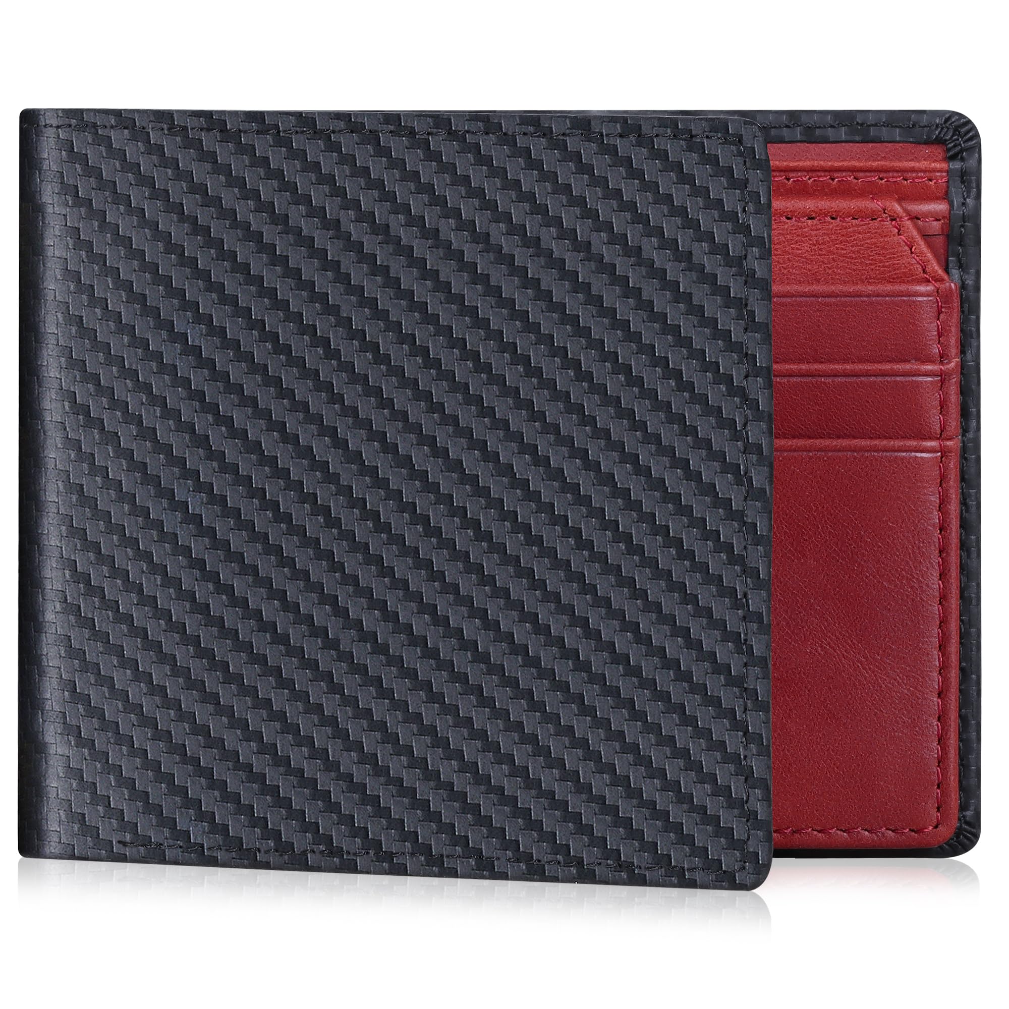 VISOUL Cartera de Cuero de Fibra Carbono para Hombres con Bloqueo RFID Billetera Plegable de Cuero Genuino Hombres con Ventana de ID Abatible hacia Arriba y 9 Ranuras para Tarjetas-Negro+Rojo Marrón