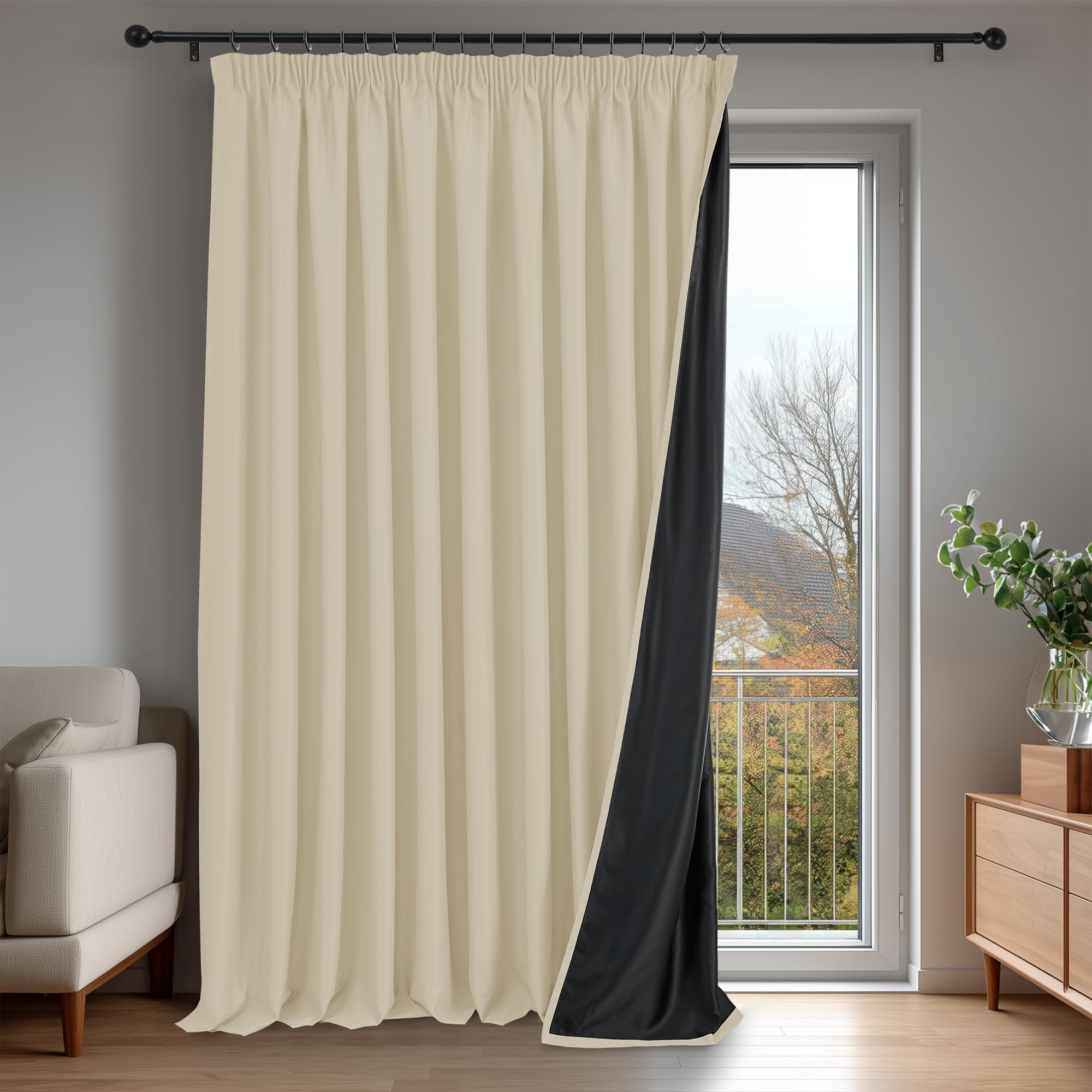 Deconovo Tende per Interni Oscuranti 100% con Retro Nero Completo, Tende Termiche Isolanti con Fettuccia per Camera da Letto e Soggiorno Moderne, 1 Pannelli, 300x220 cm, Beige Chiaro