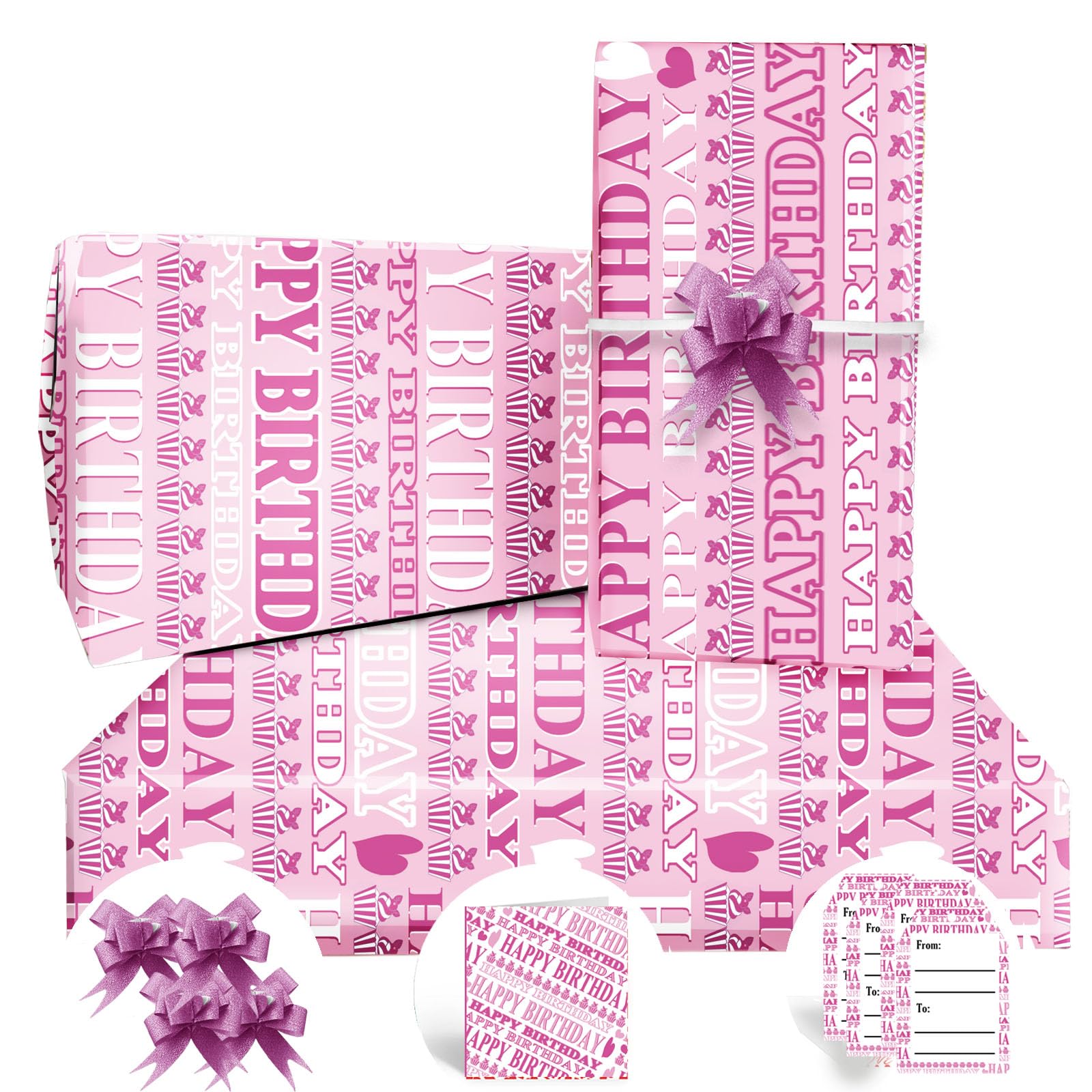 Carta Da Regalo,Carta Da Regalo Compleanno 85 * 60cm Grande Formato Con 4 Mosca Rosa,2 Biglietto Auguri,4 Etichettecarta Regalo Per Bambino Ragazze Ragazzi Donne Uomini