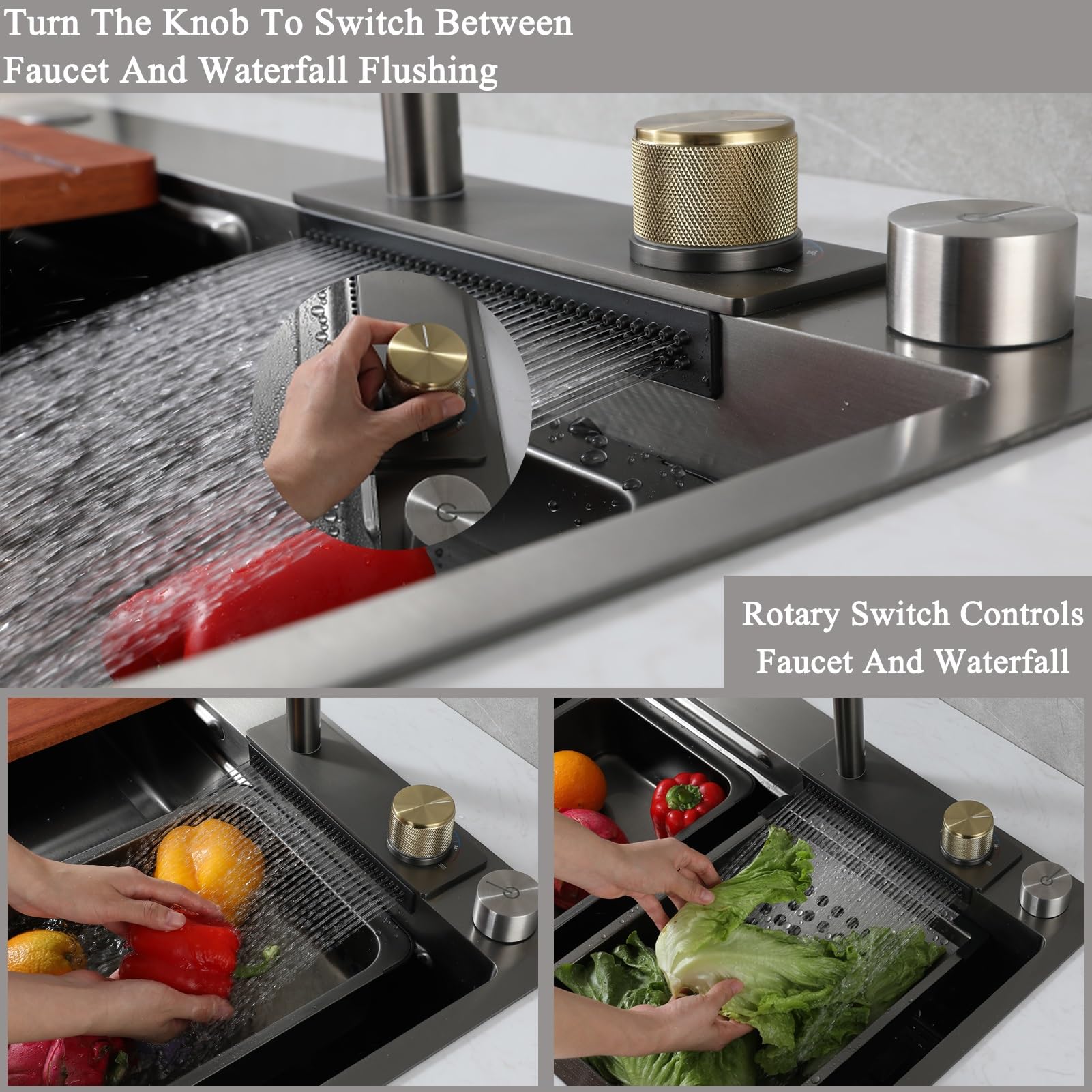 Fregadero De Cocina En Cascada Fregadero De Cocina De Acero Inoxidable Con Montaje Superior Fregadero Nano De Un Solo Tazón Fregadero Multifunción Para Estación De Trabajo Con Grifo Extraíble, 2 Cesta